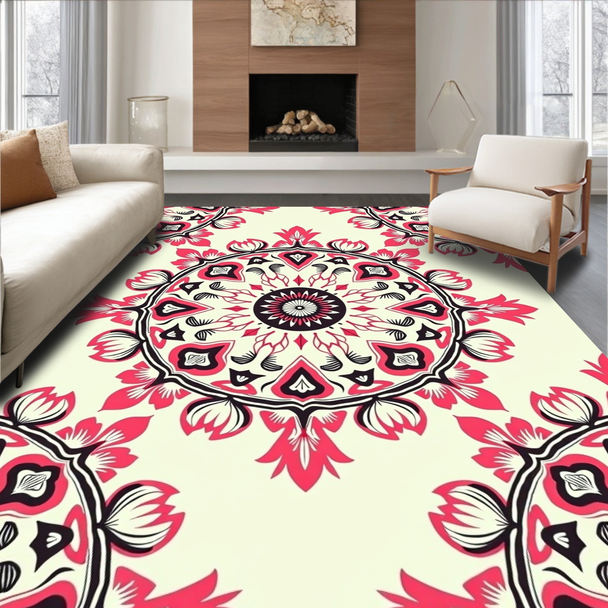 Circular Floral Design With Red Accents Rug