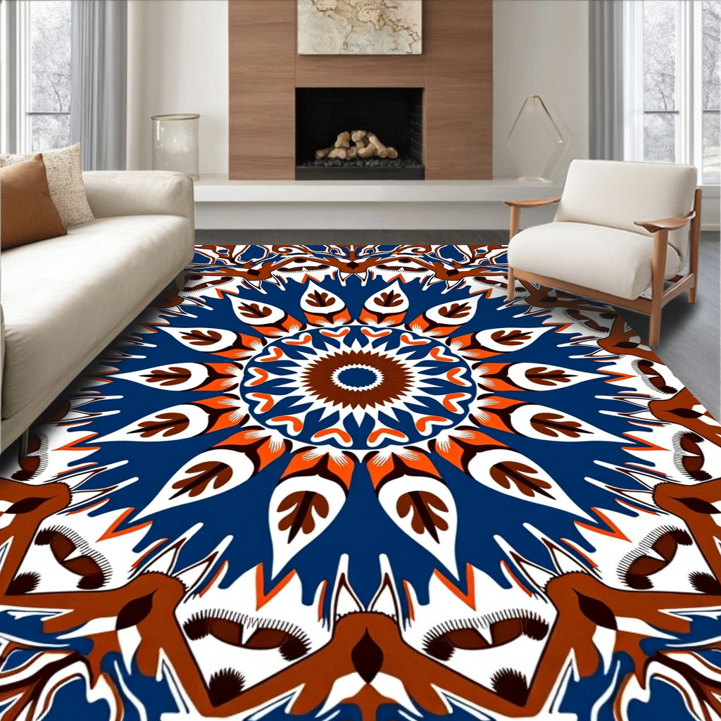 Bold Blue Brown Mandala Pattern Rug