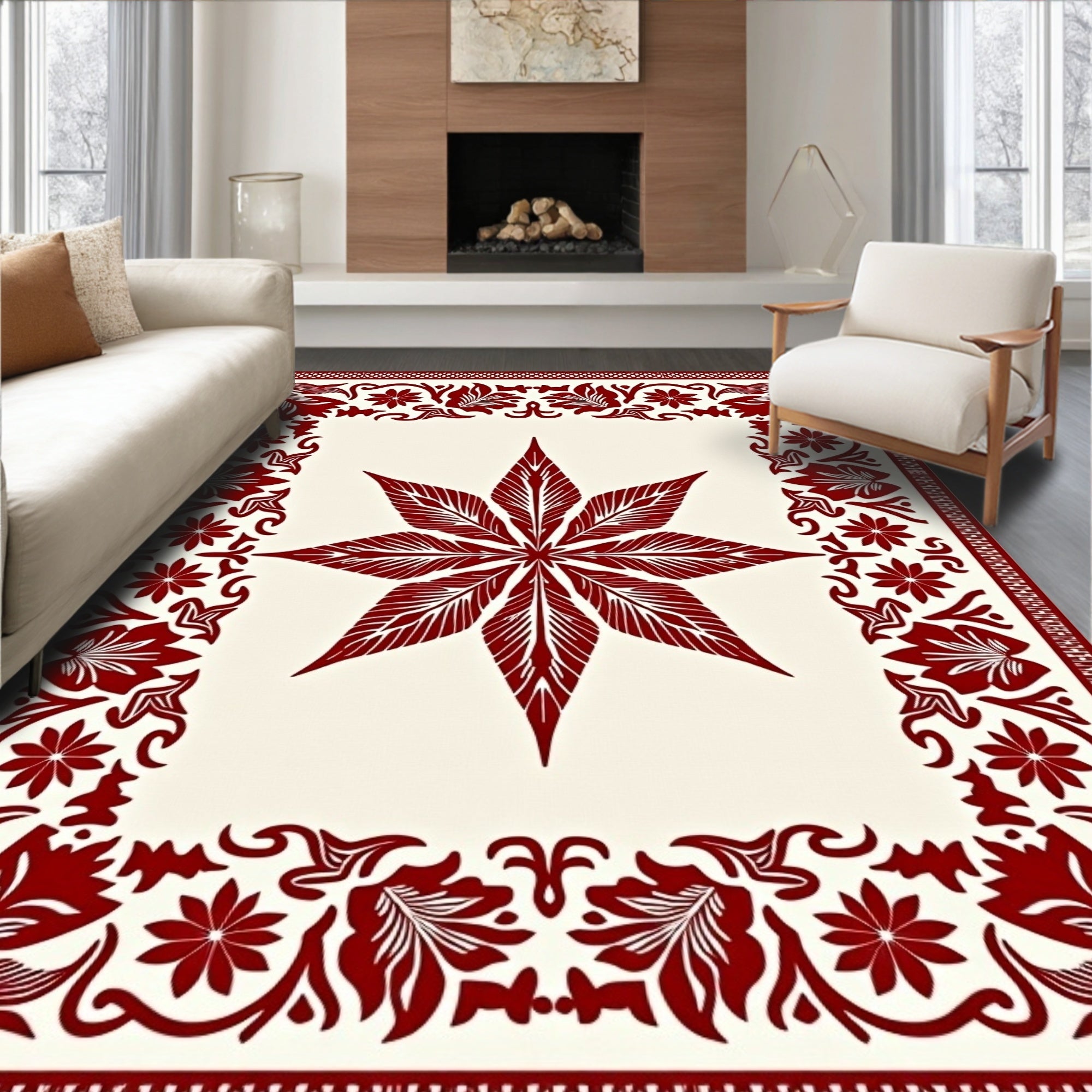 Deep Red Floral Star Border Design Rug