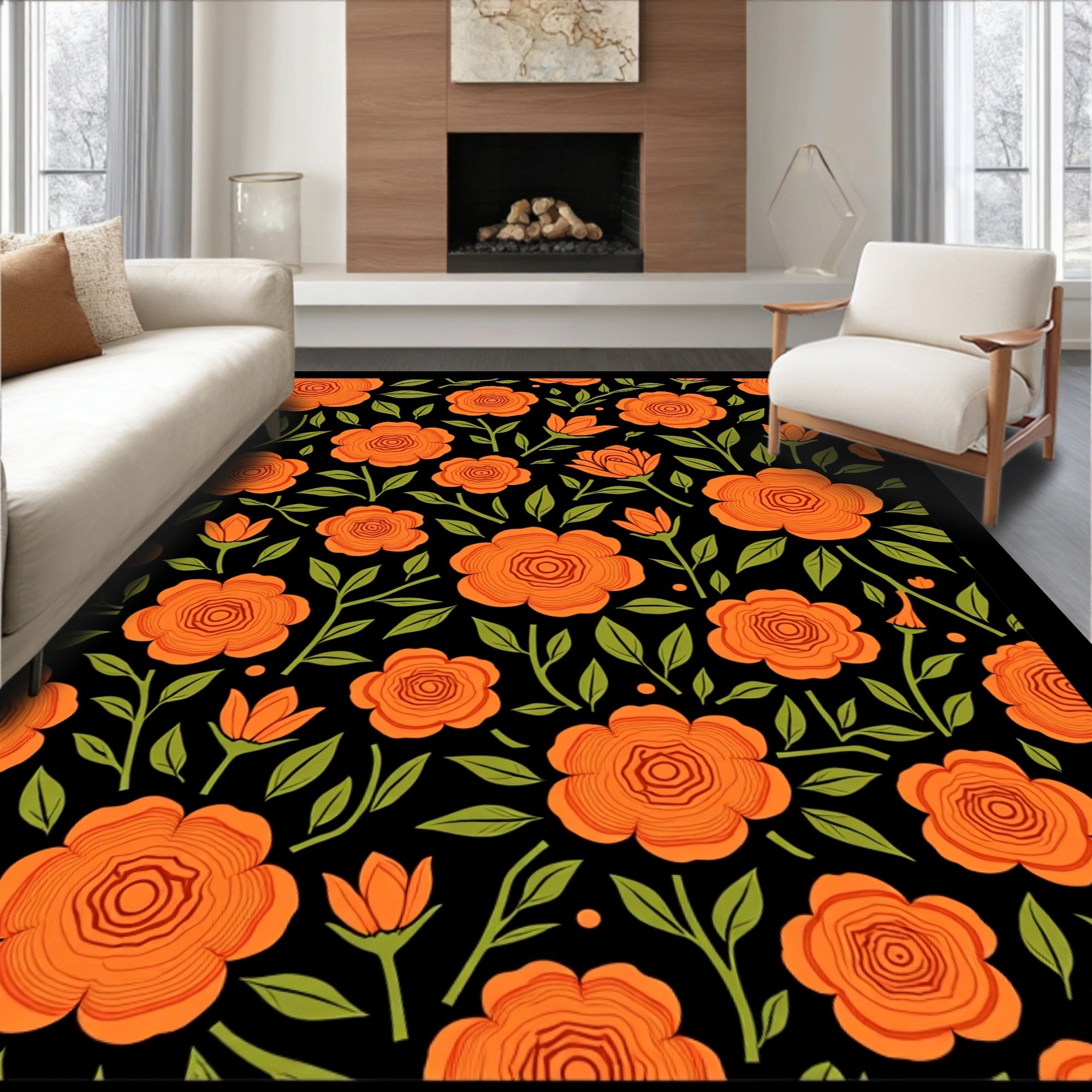 Bold Orange Floral Pattern Rug