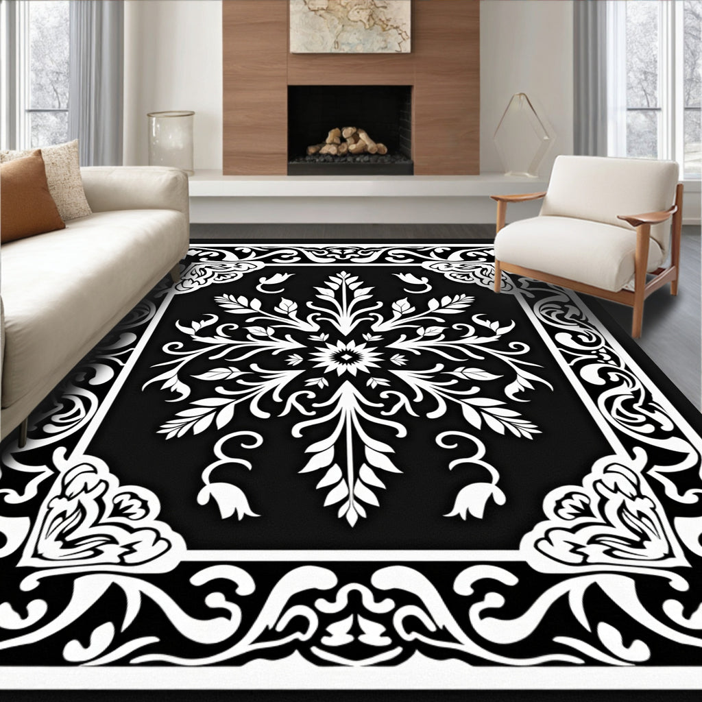 Floral Mandala Black White Intricate Rug