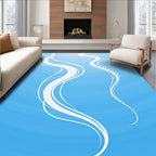 White Abstract Swirls With Blue Background Rug