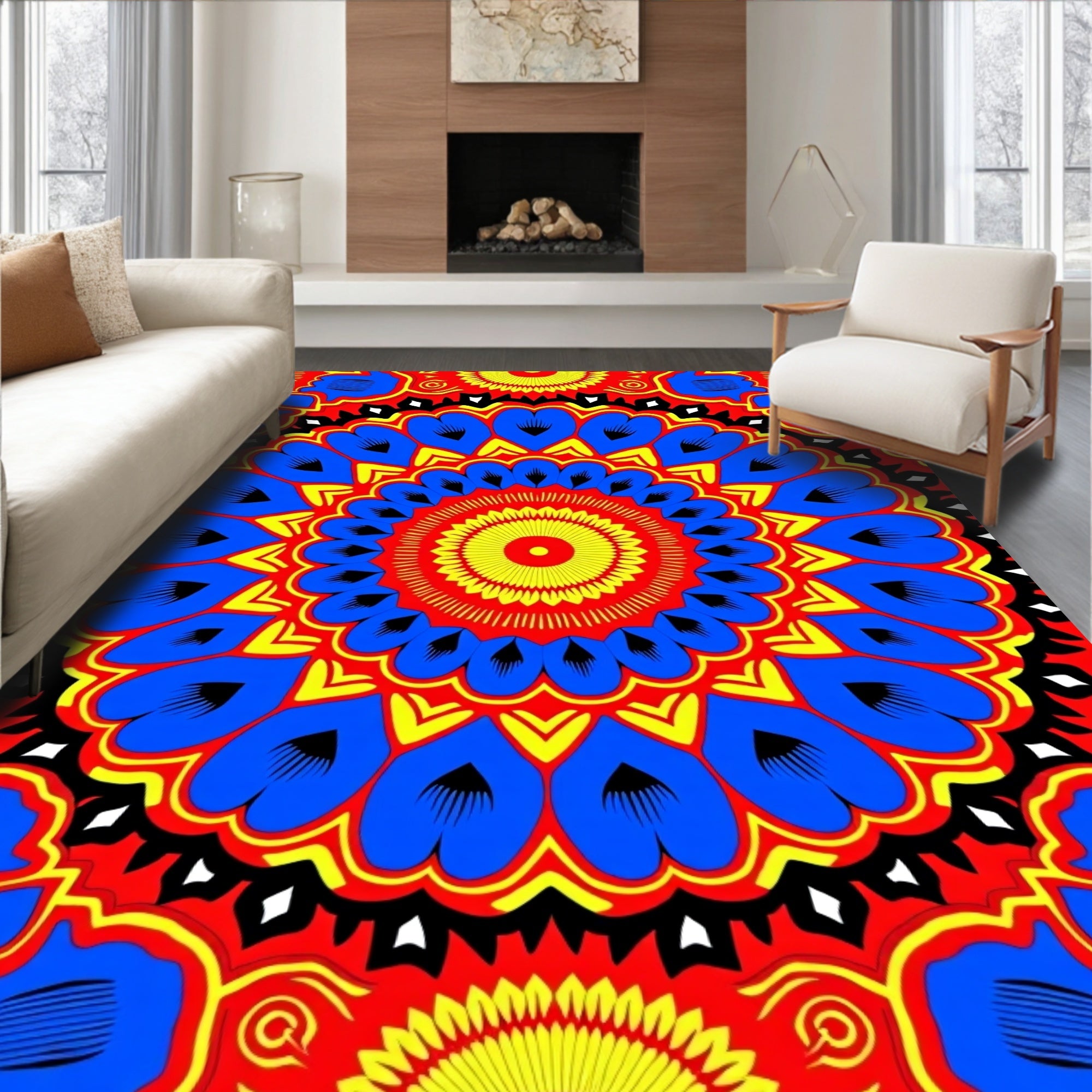 Vibrant Blue Yellow Sunburst Mandala Rug