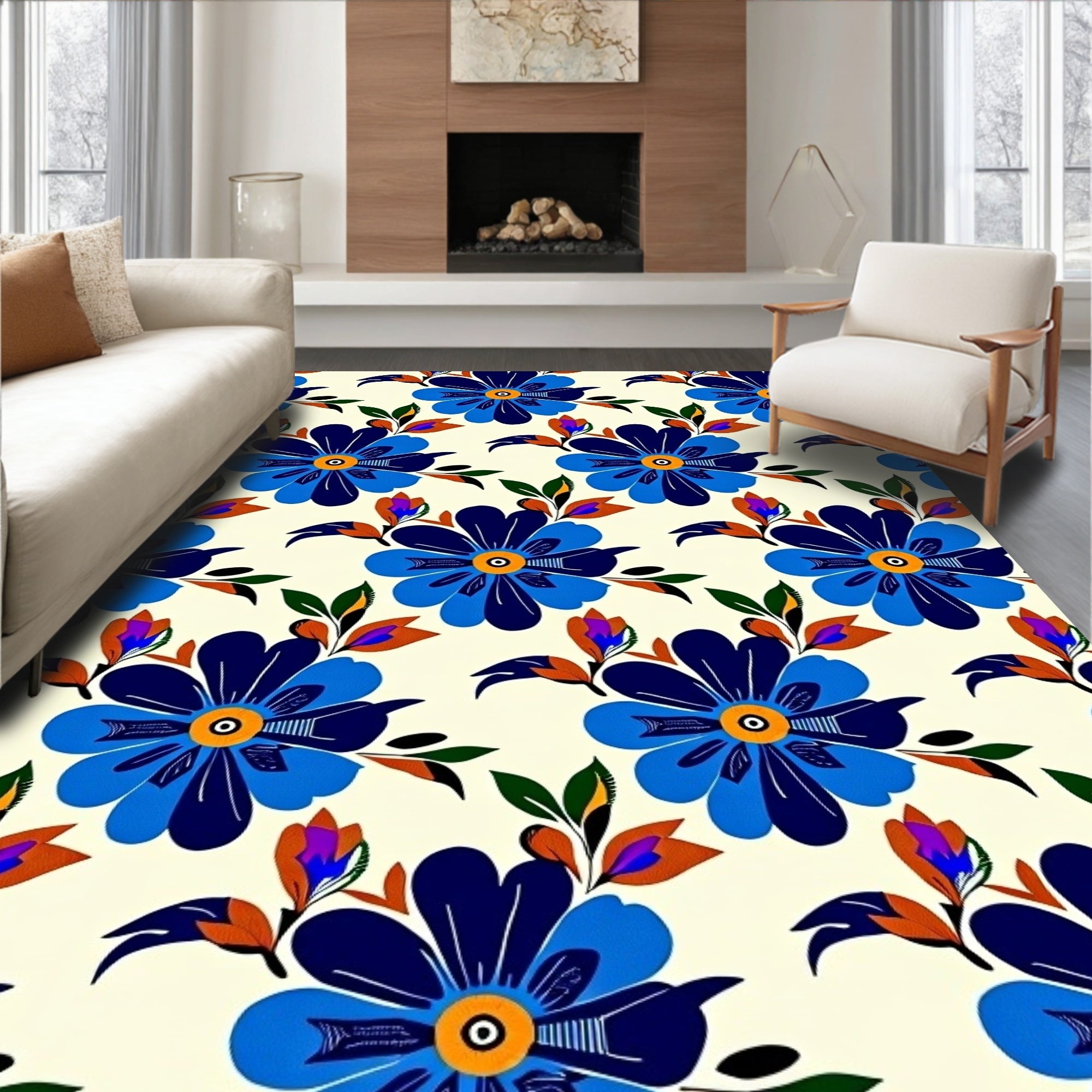 Bold Blue Floral Pattern Design Rug