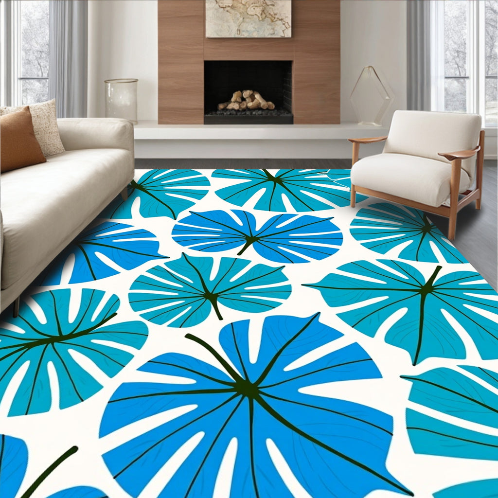Coastal Blue Leaf Pattern Rug