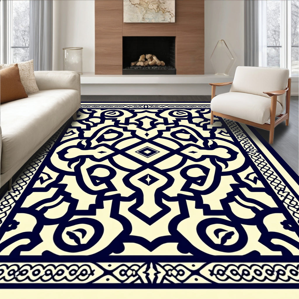 Intricate Indigo And Cream Pattern Rug