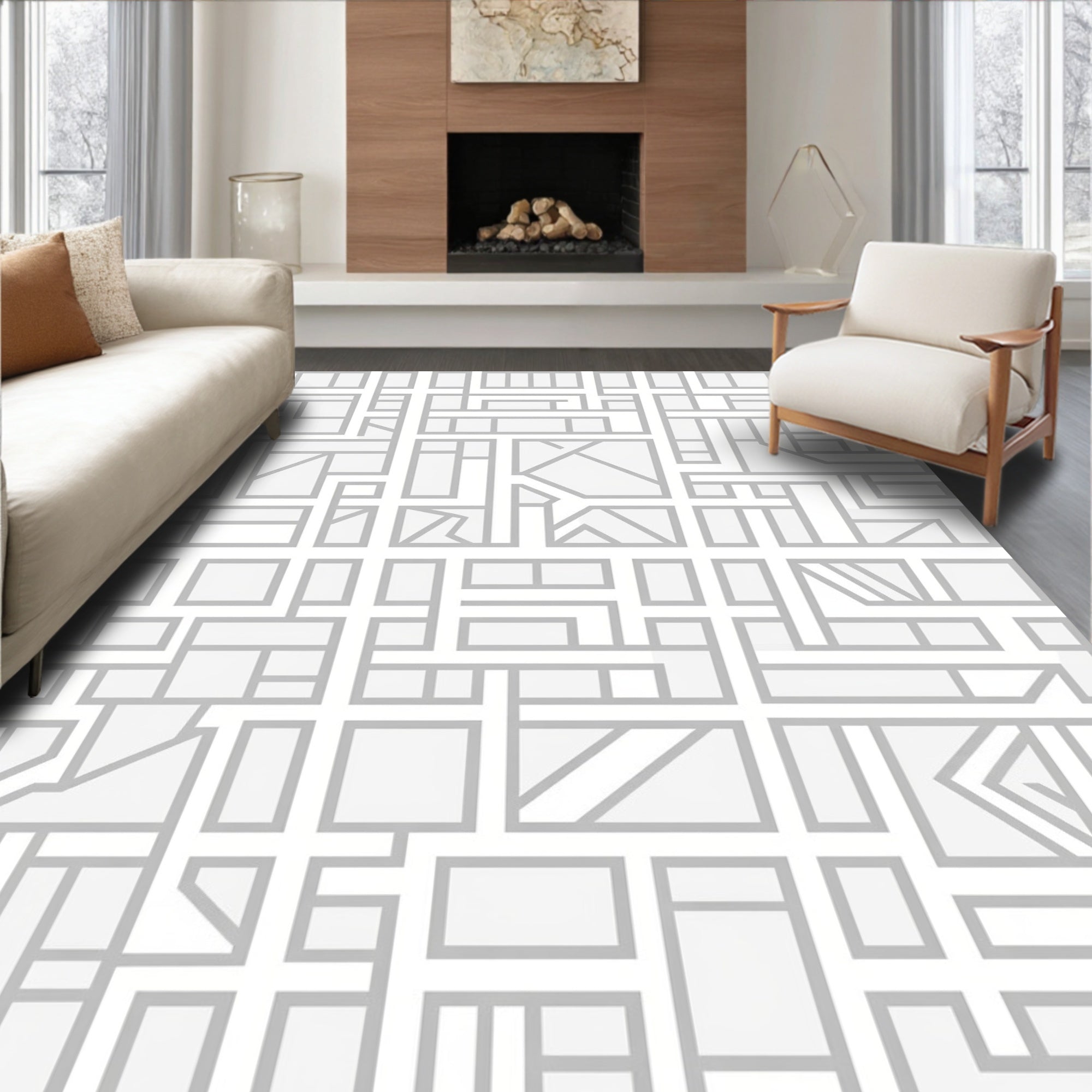 Modern White Geometric Maze Pattern Rug