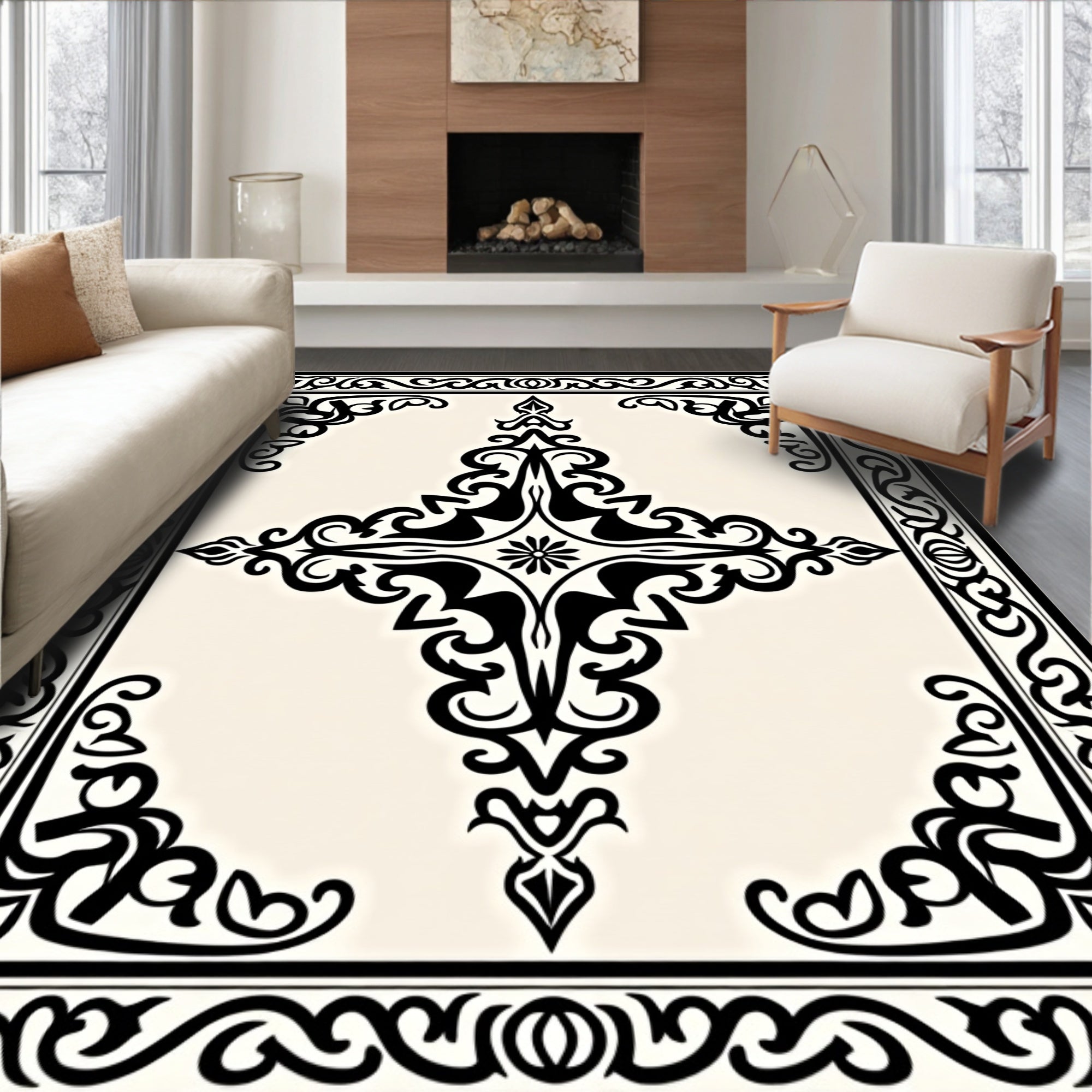 Black Cream Ornamental Scrollwork Pattern Rug