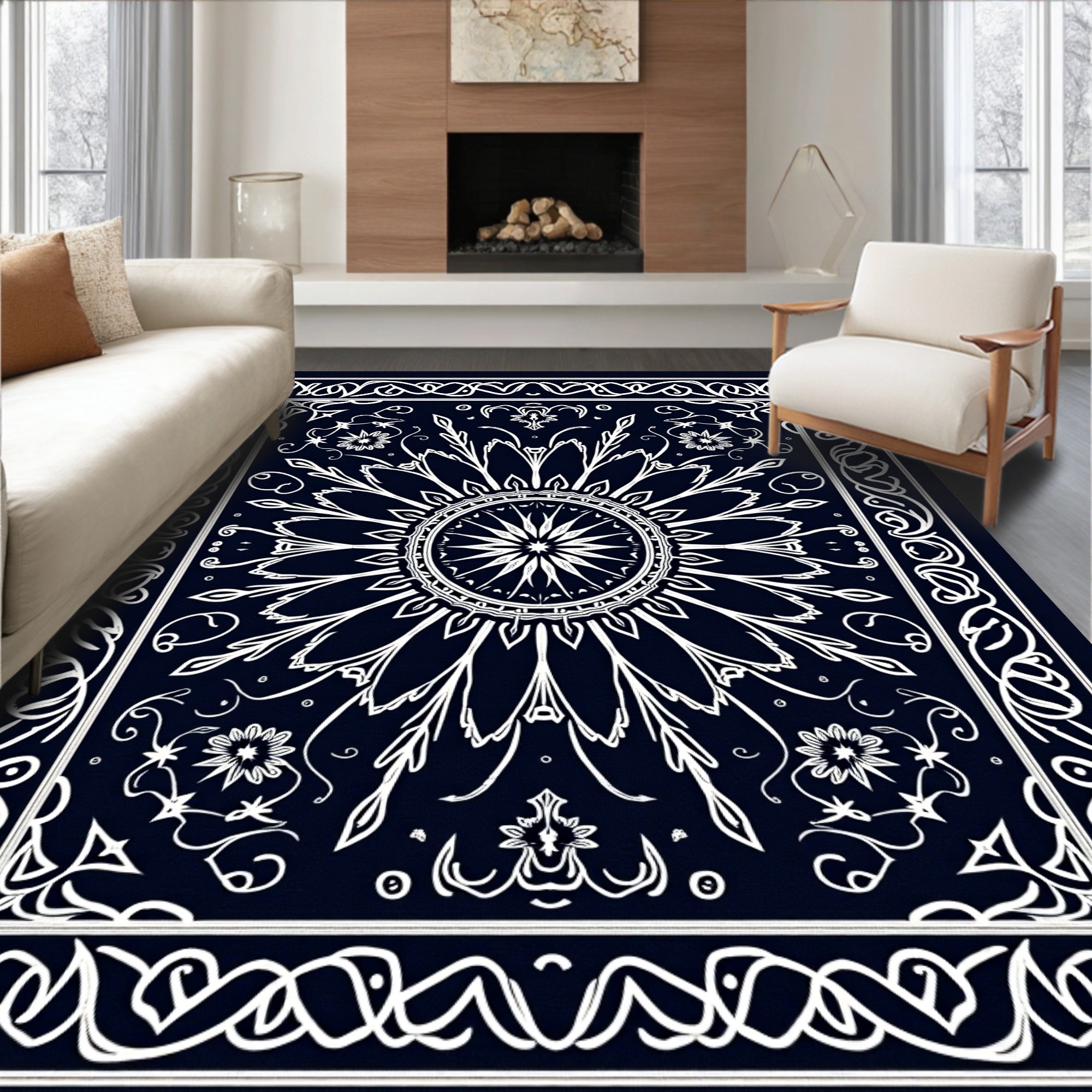 Ornate White Floral Mandala Rug