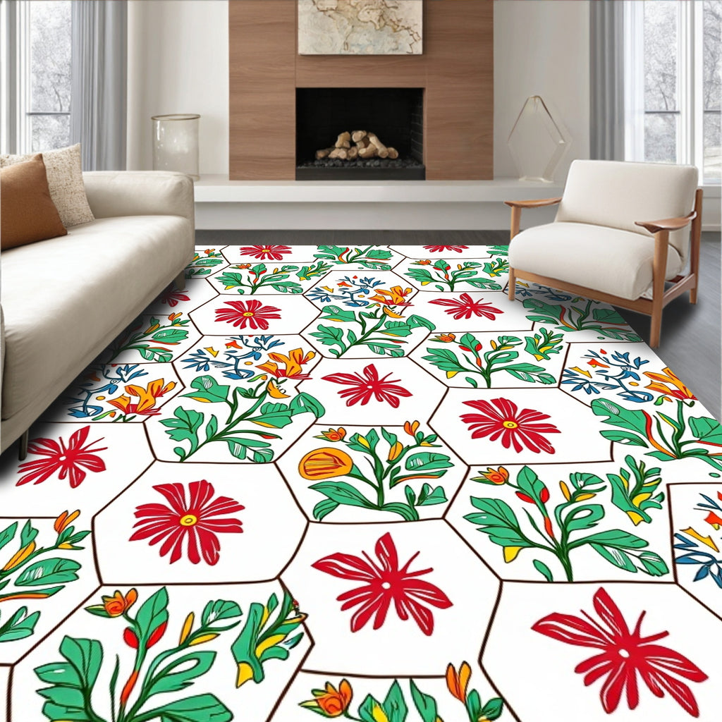 Hexagonal Floral Botanical Allure Design Rug