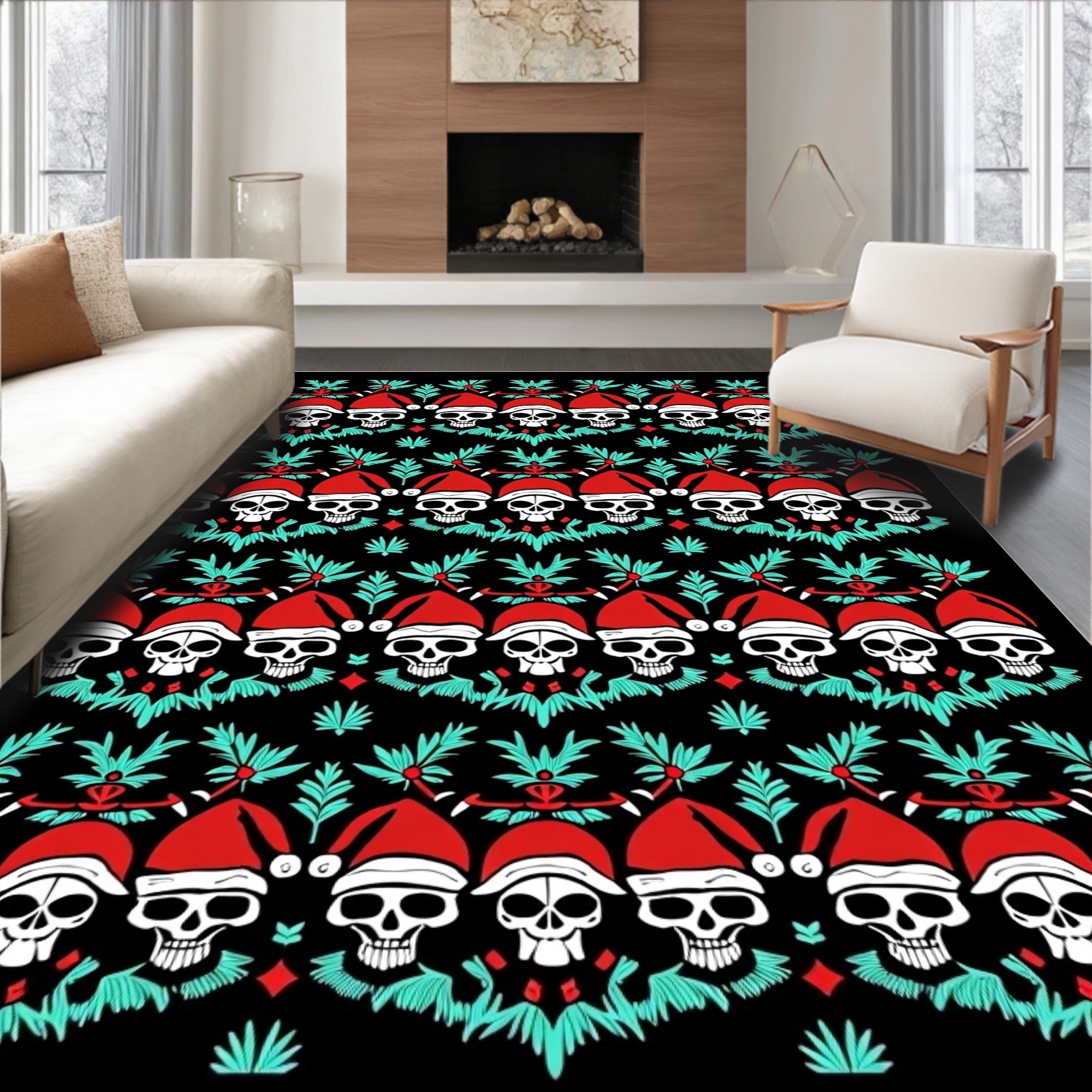 Festive Skull Holiday Festive Foliage Rug