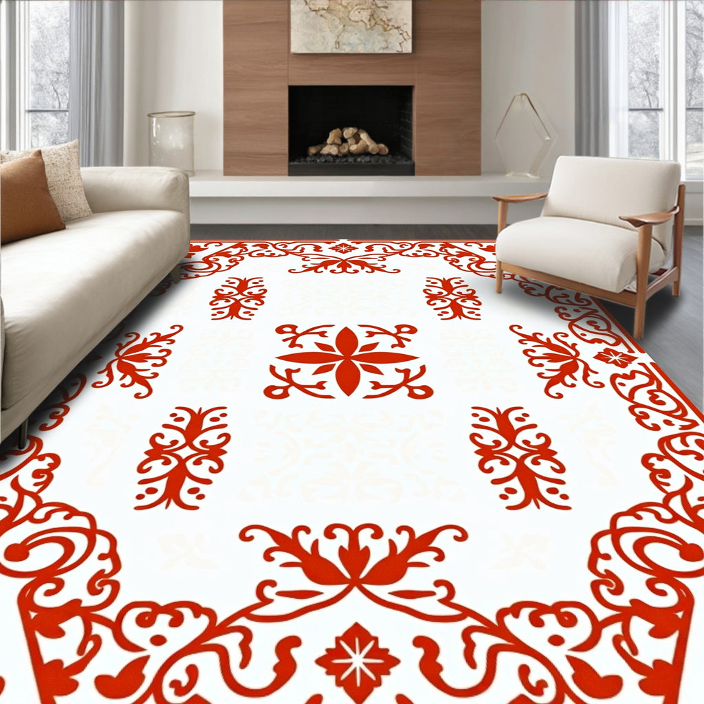 Ornate Red Scrollwork Floral Pattern Rug