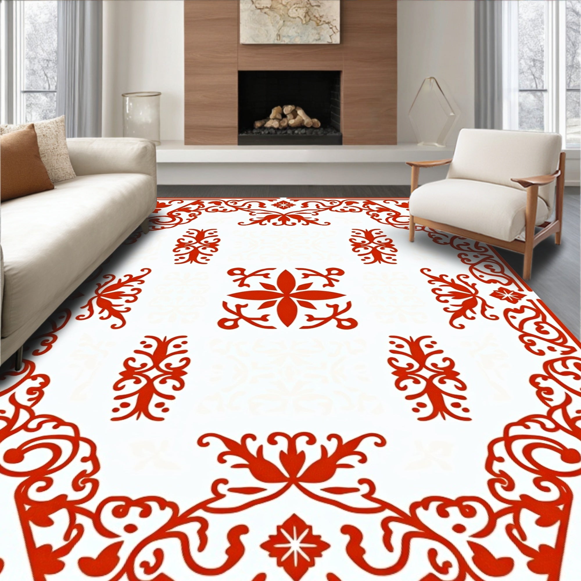 Ornate Red Scrollwork Floral Pattern Rug