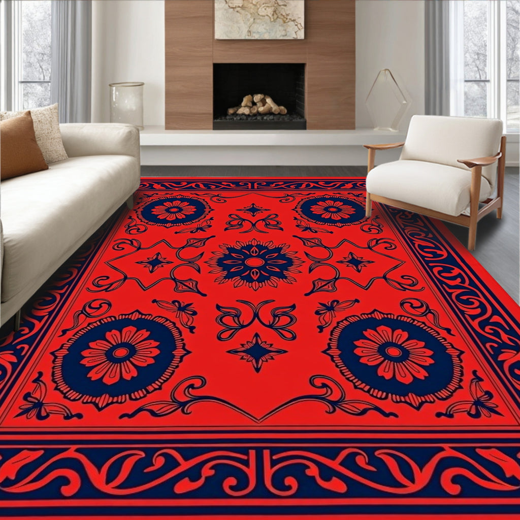 Red Navy Floral Medallion Design Rug