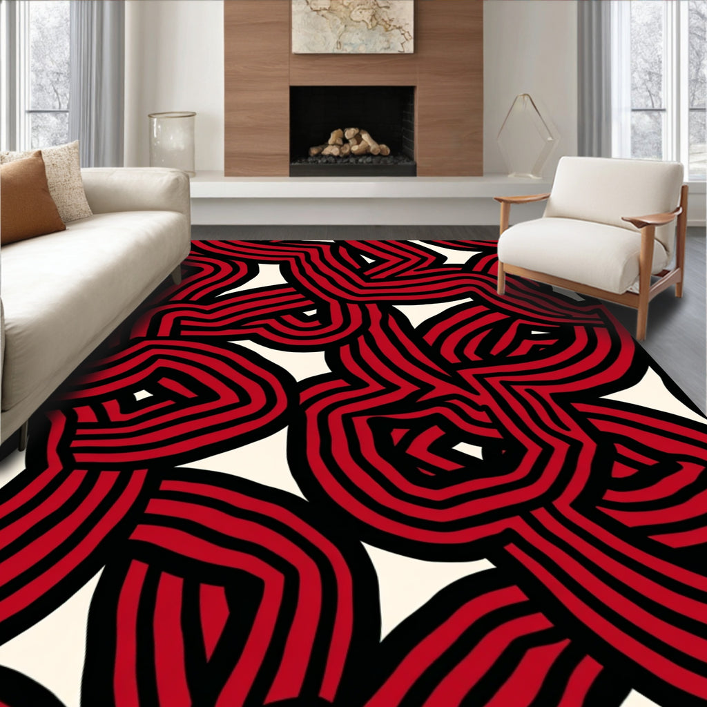 Bold Red Black Maze Pattern Rug