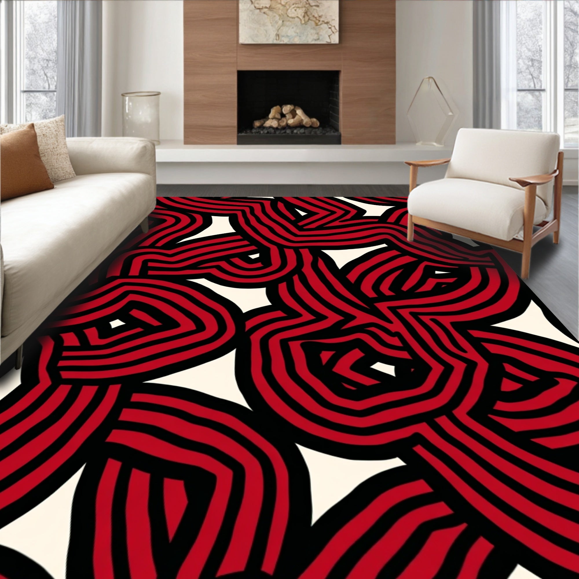 Bold Red Black Maze Pattern Rug
