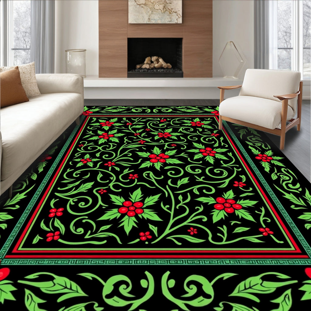 Crimson Berries Green Holly Scrollwork Rug