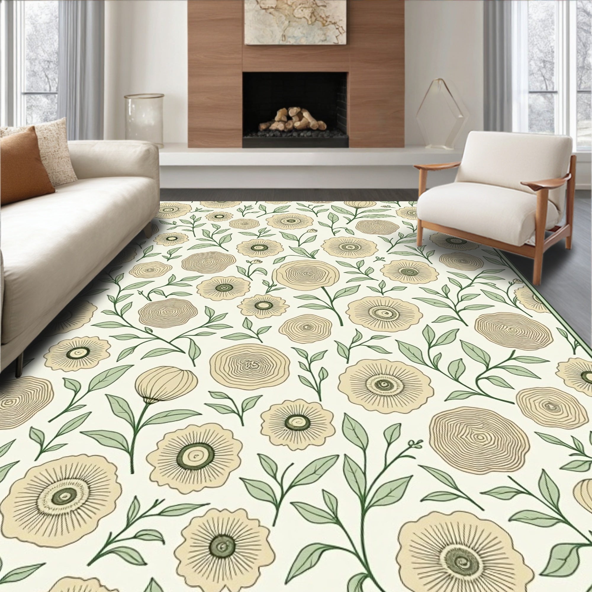 Botanical Flower Pattern On Cream Rug