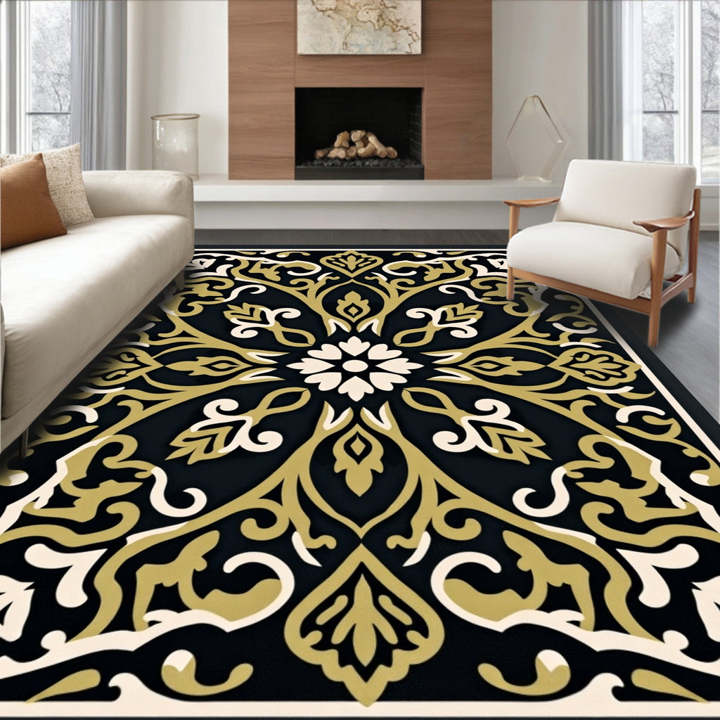 Intricate Gold Floral Damask Design Rug