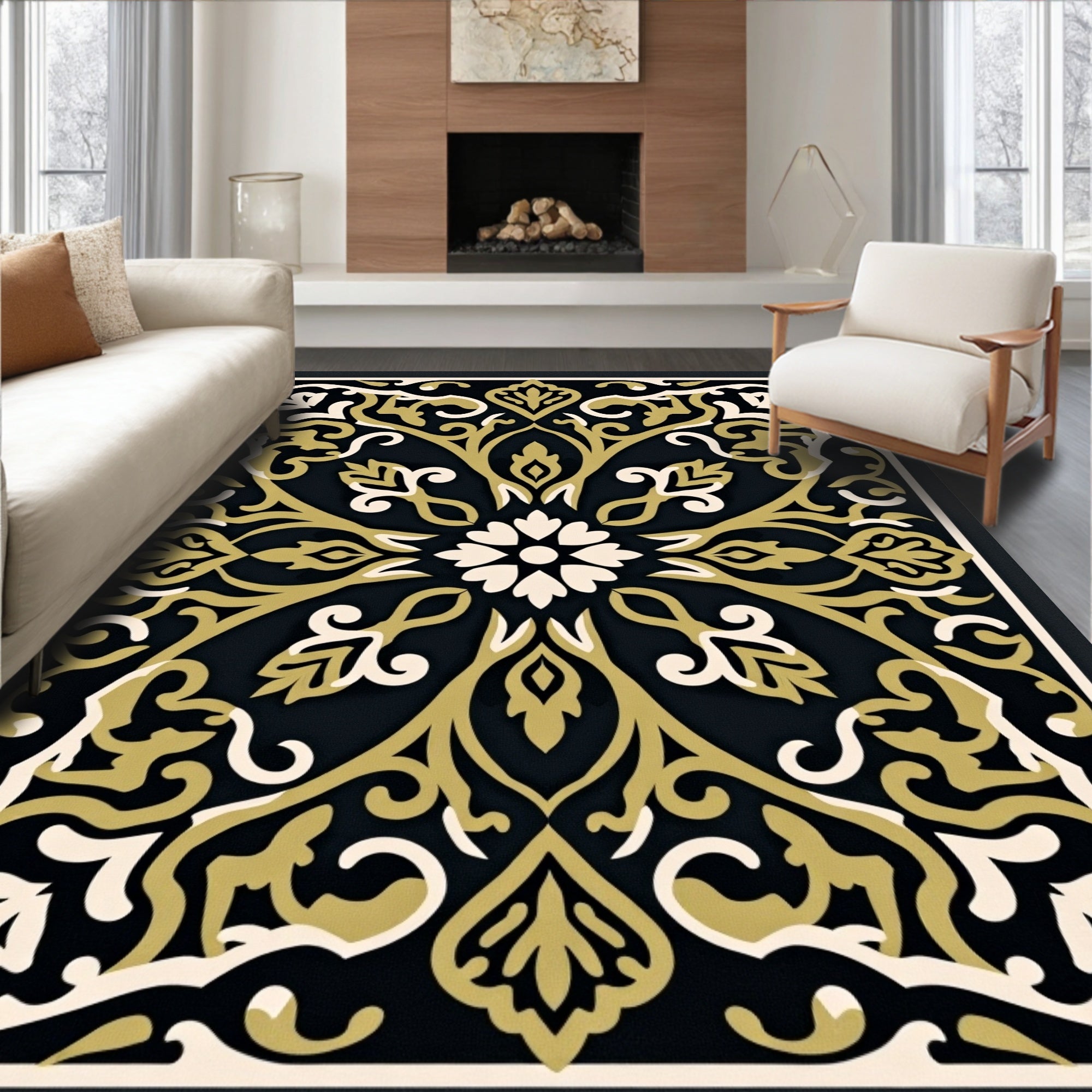 Intricate Gold Floral Damask Design Rug