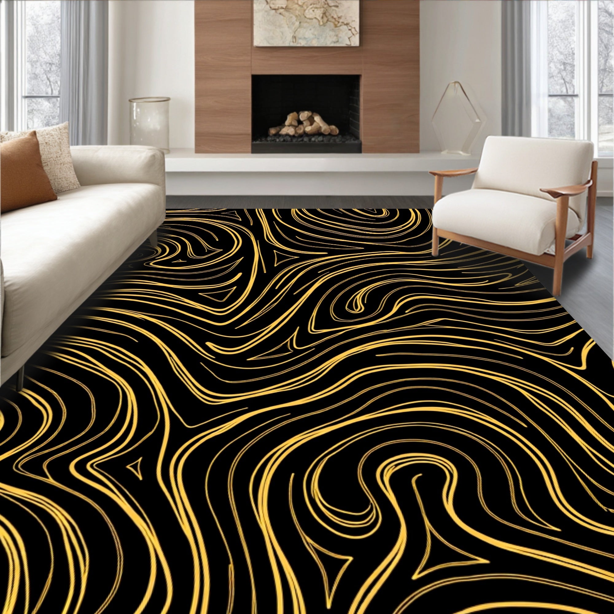 Abstract Swirls with Gold And Black Rug