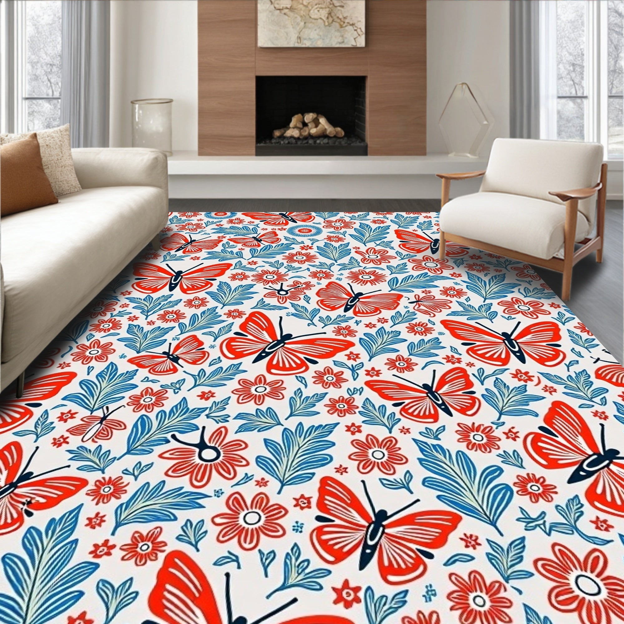 Red Butterflies and Floral pattern Rug