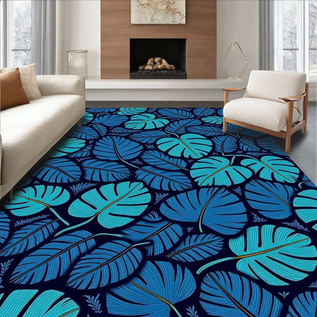 Tropical Leaf Pattern Blue Rug