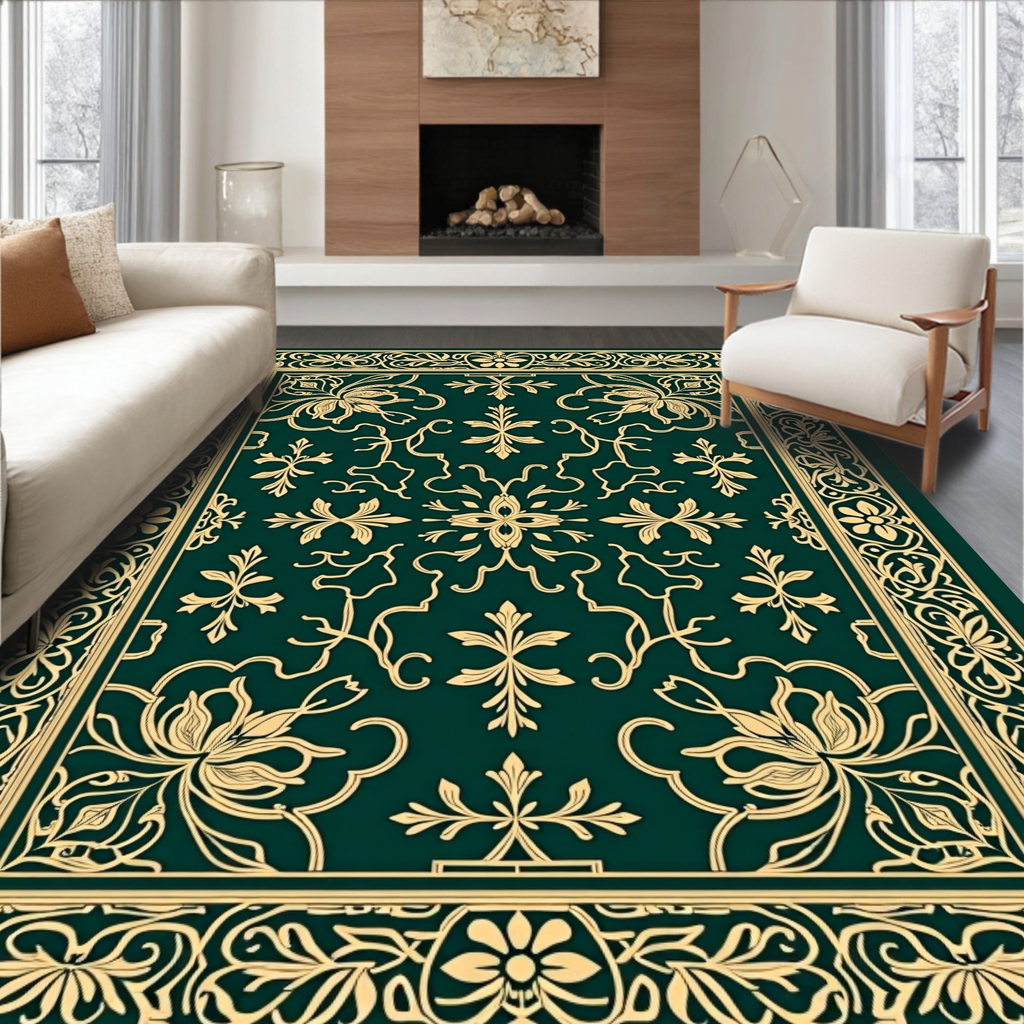 Classic Emerald Gold Floral Border Rug