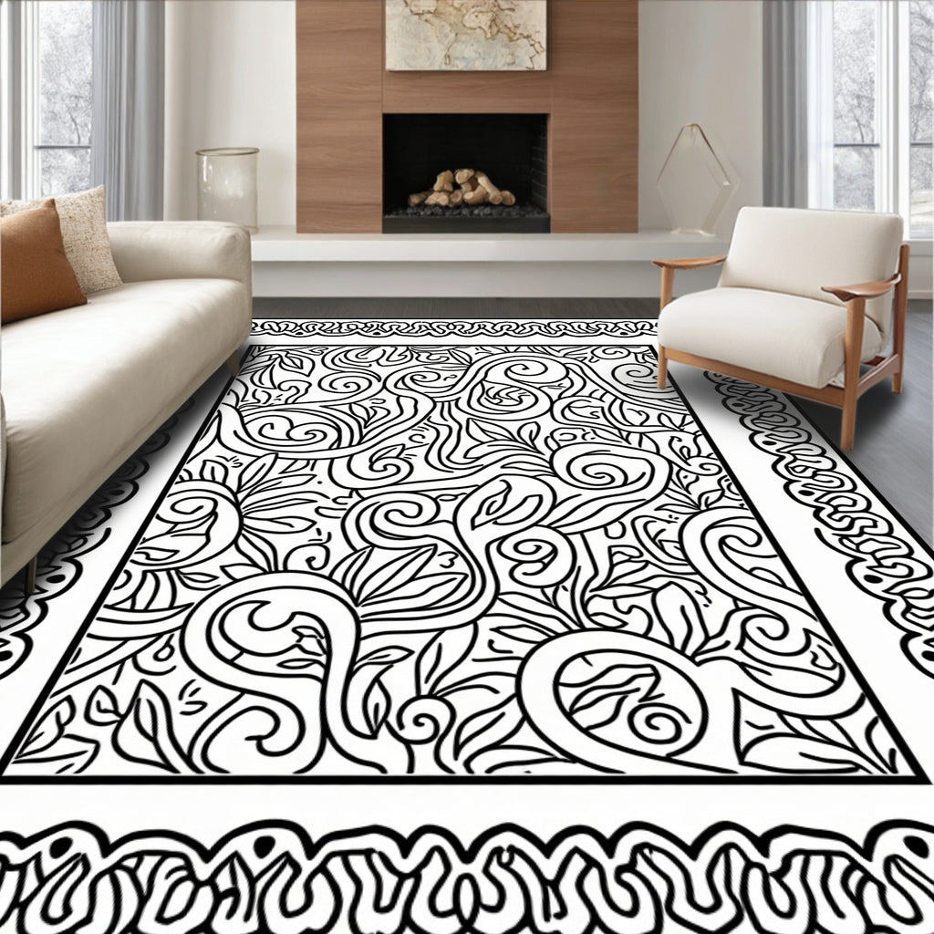 Swirling Floral Vines Bordered Abstract Rug