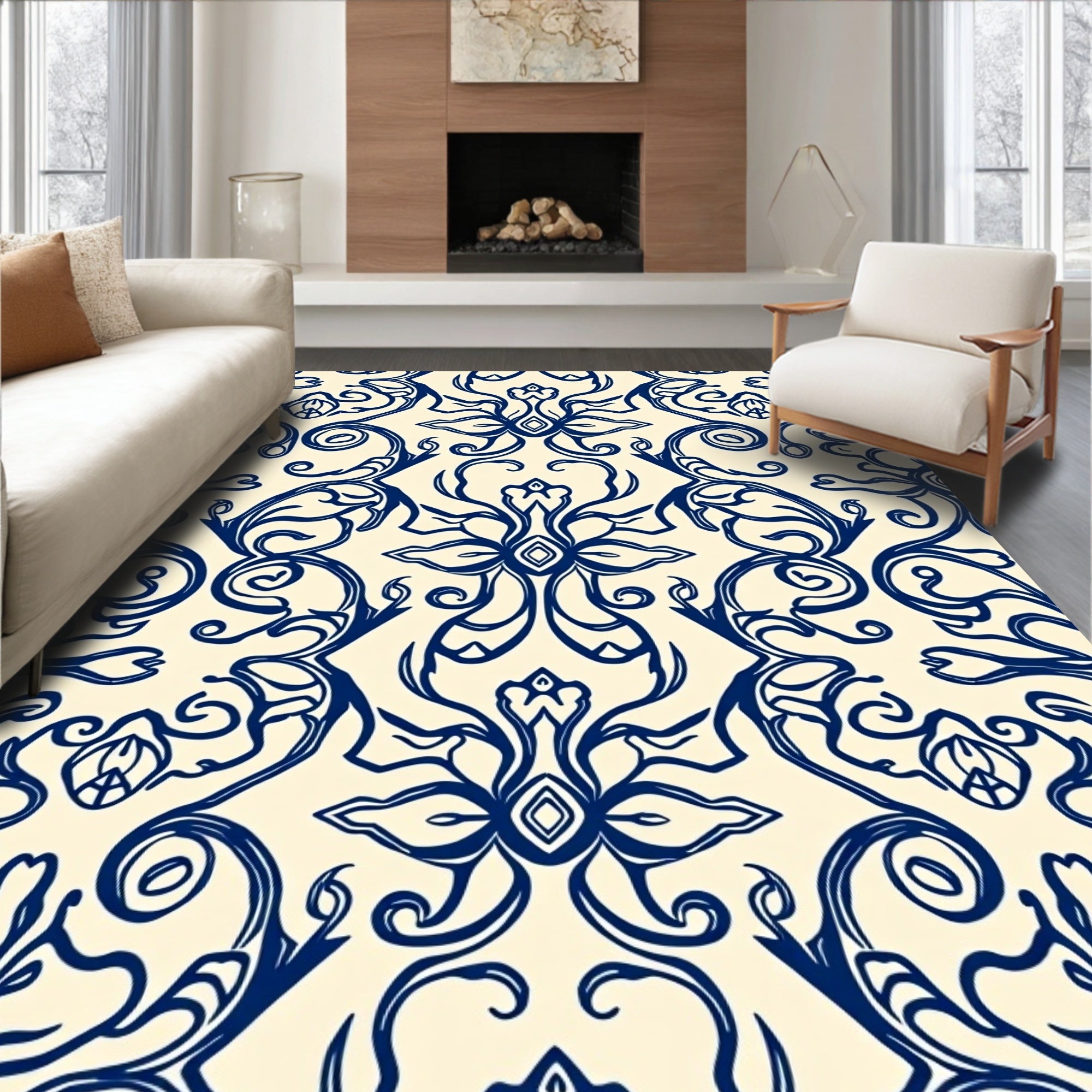 Classic Damask Blue Floral Repeating Design Rug