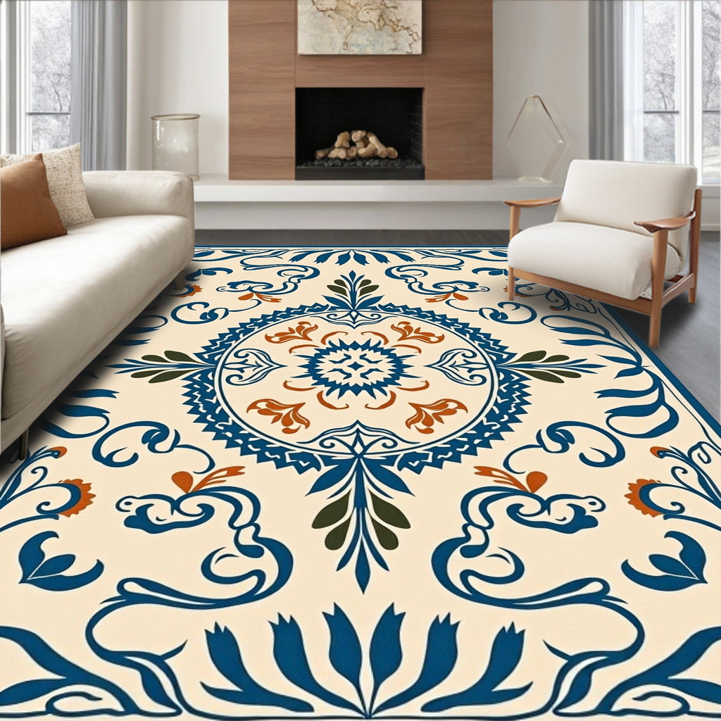 Ornate Blue and Orange Floral Medallion Rug