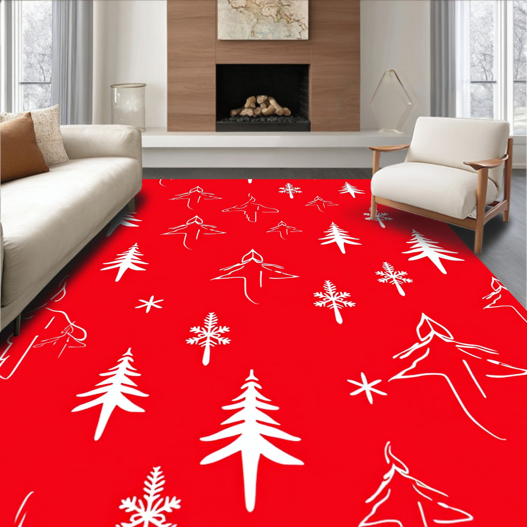 Red Winter Tree Snowflake Sketch Rug