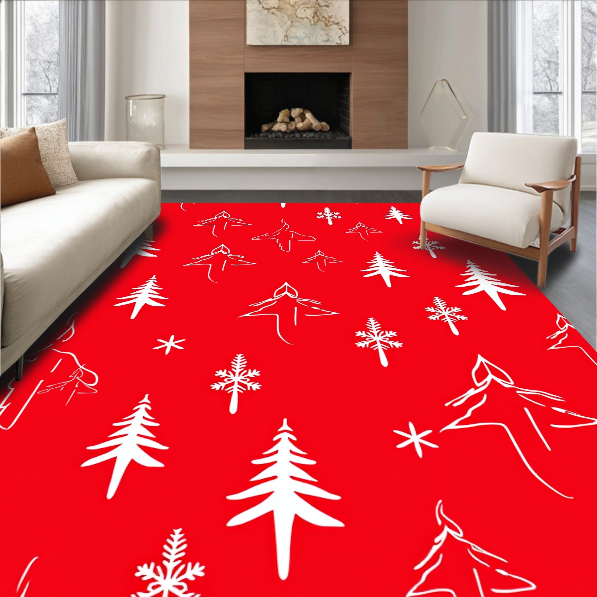 Red Winter Tree Snowflake Sketch Rug