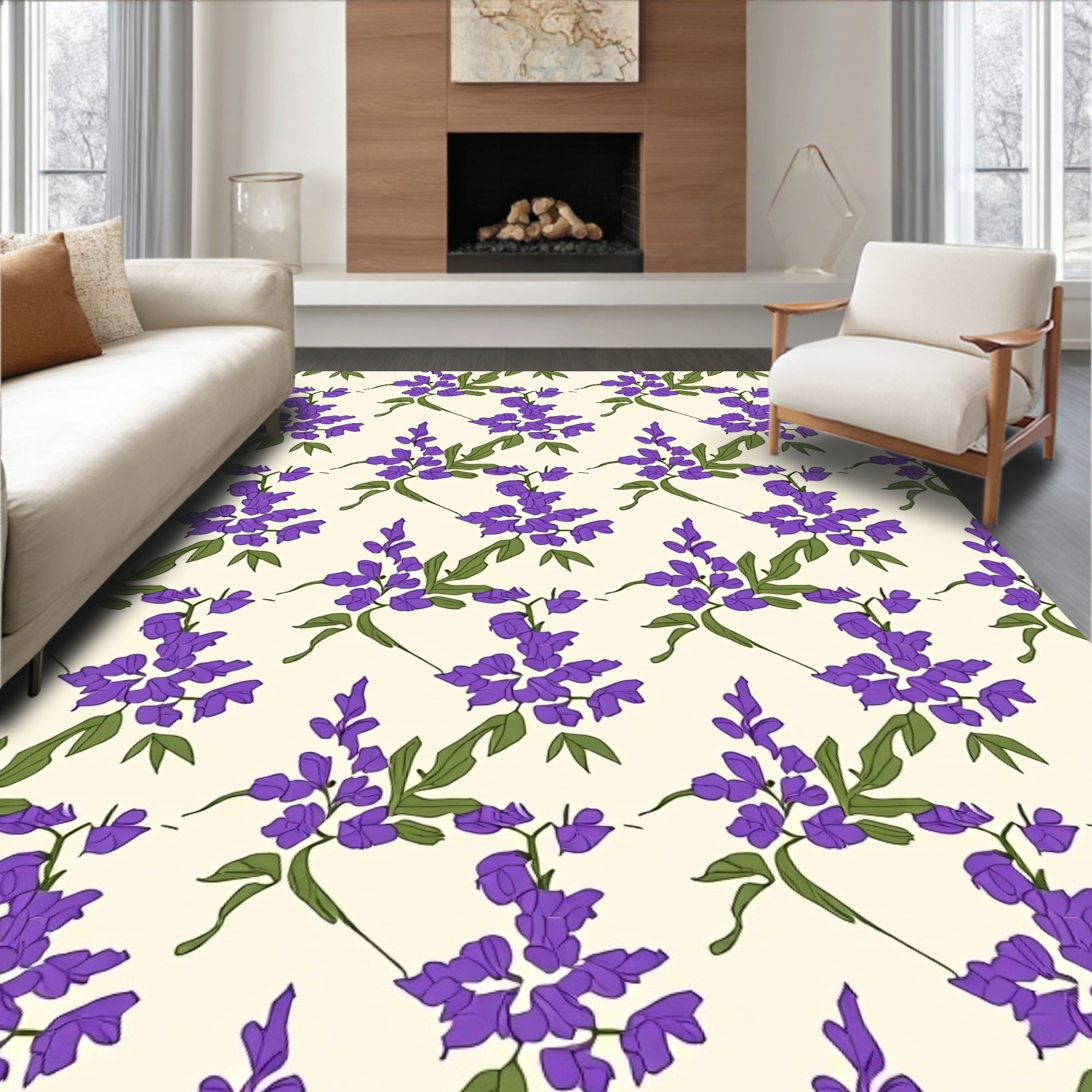 Purple Lavender Branch Pattern Rug