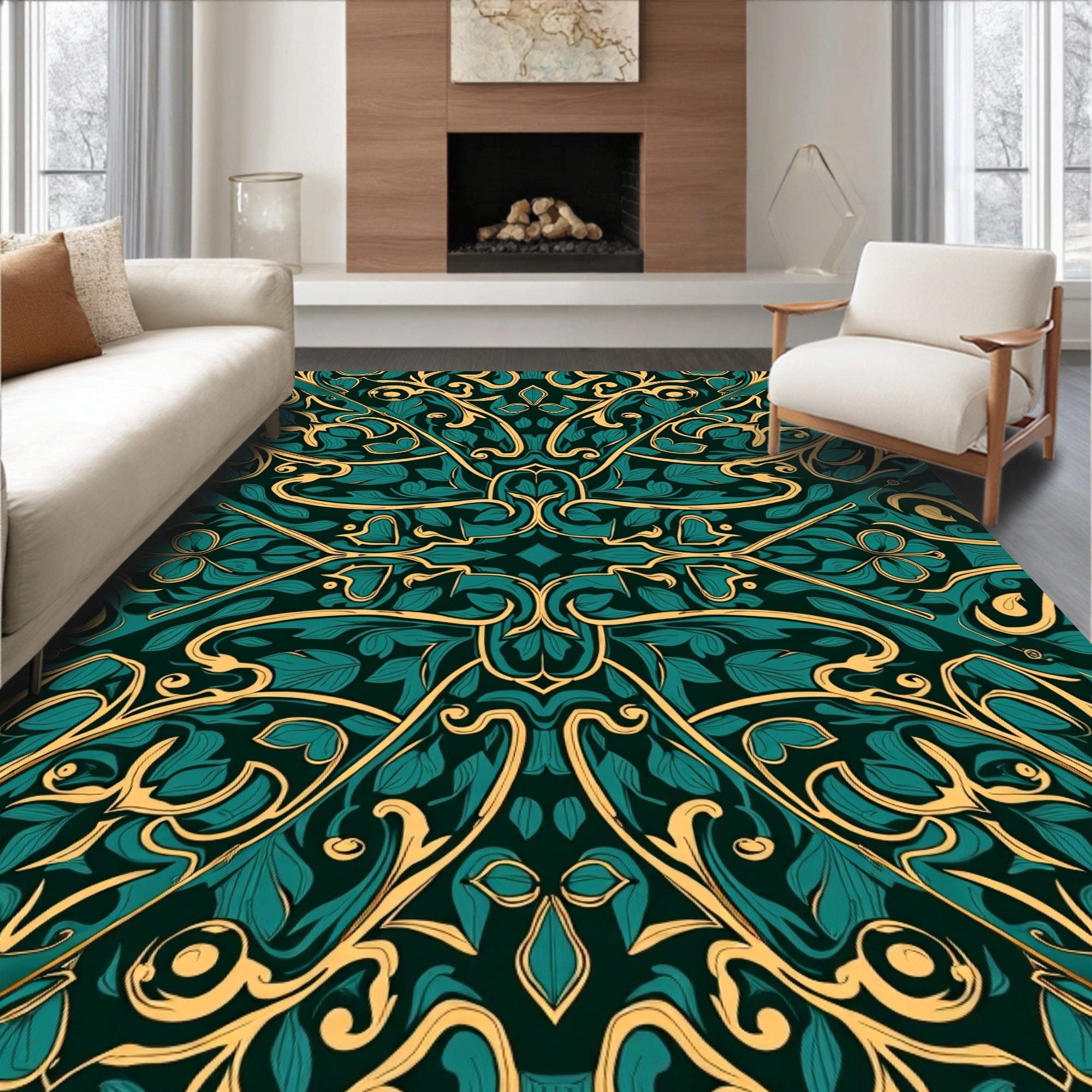 Art Nouveau Green Gold Floral Rug