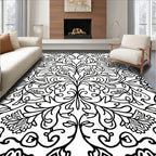 Intricate Black White Floral Scrollwork Design Rug