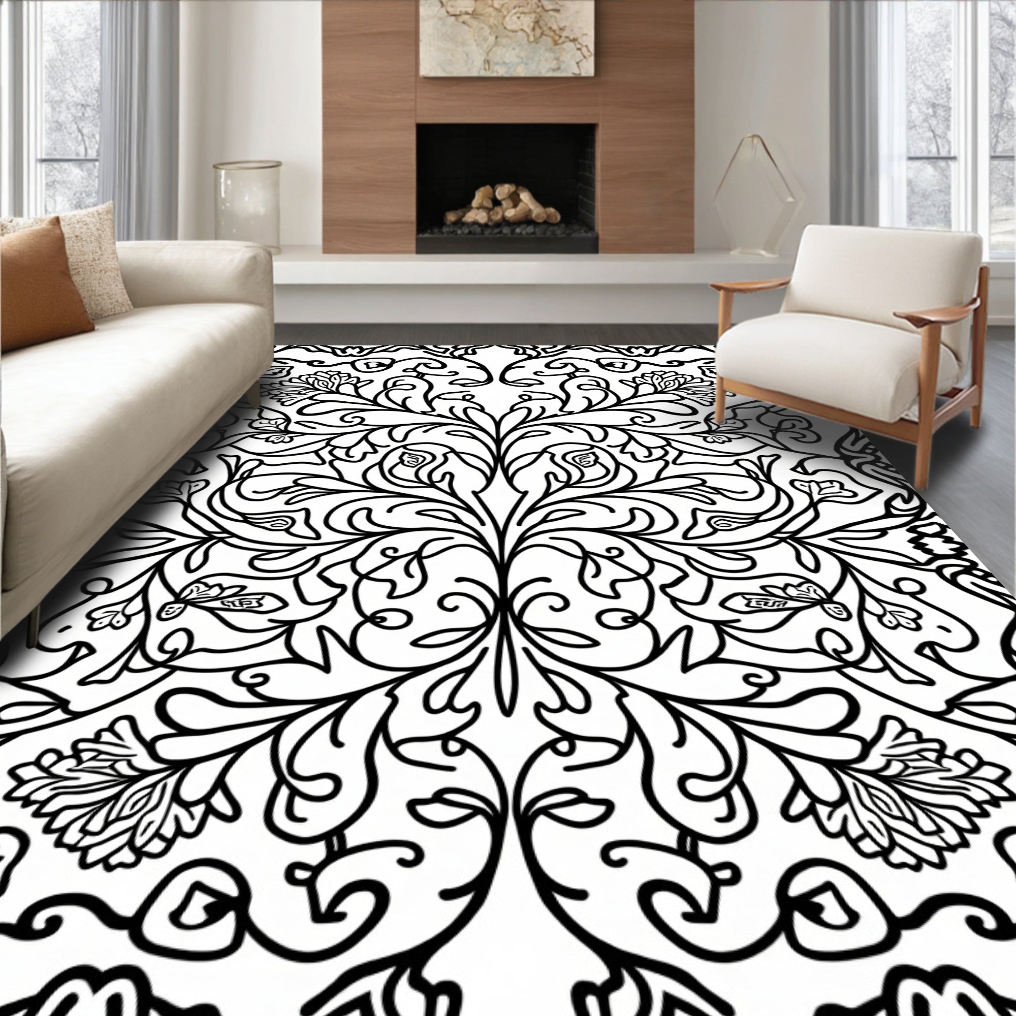 Intricate Black White Floral Scrollwork Design Rug