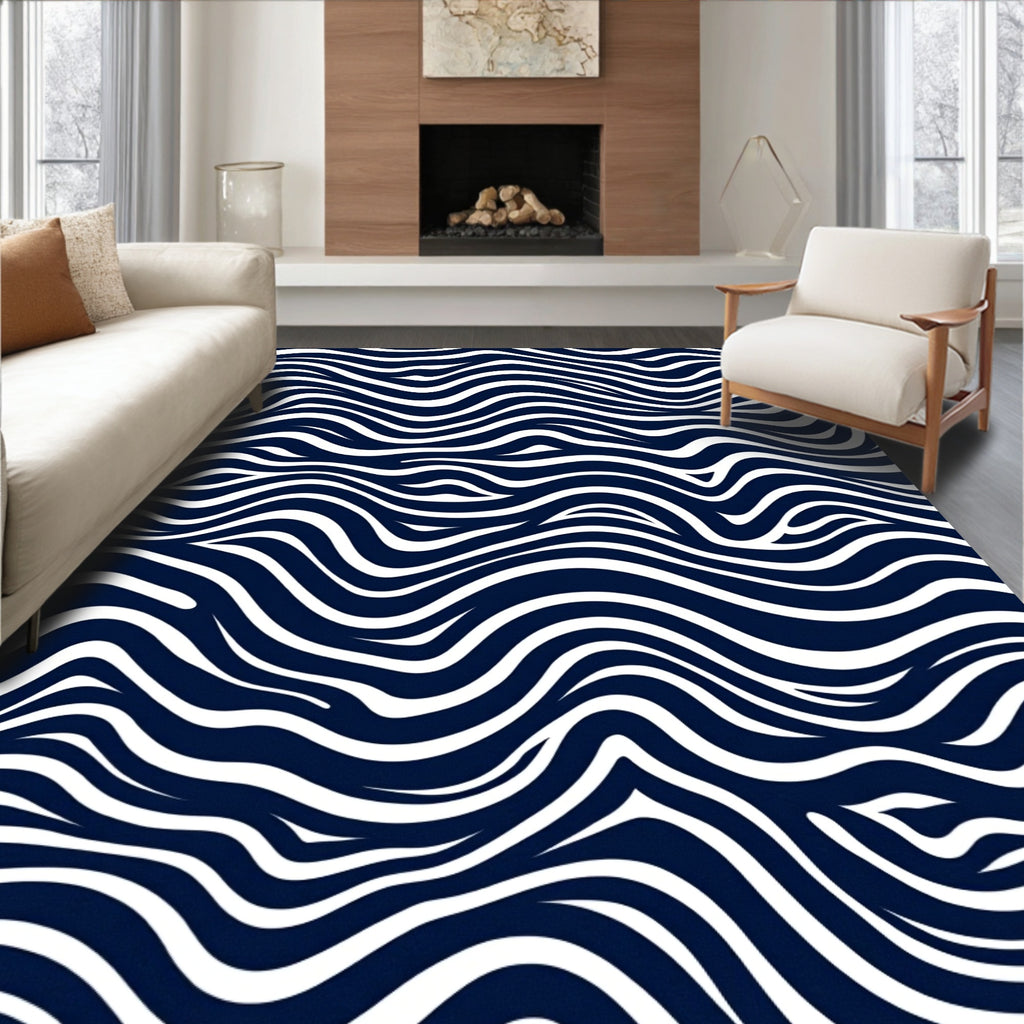 Abstract Blue White Wavy Stripes Rug