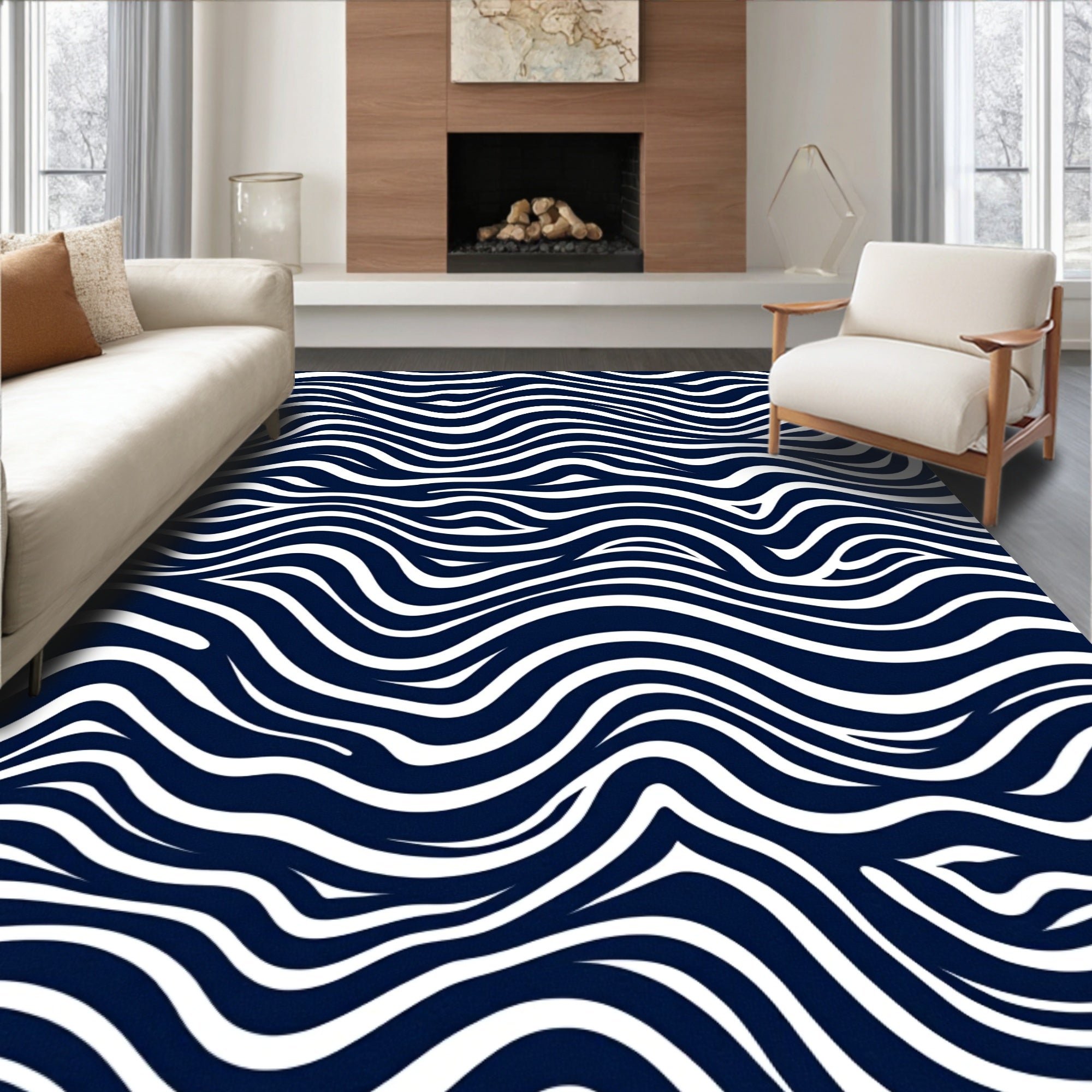 Abstract Blue White Wavy Stripes Rug