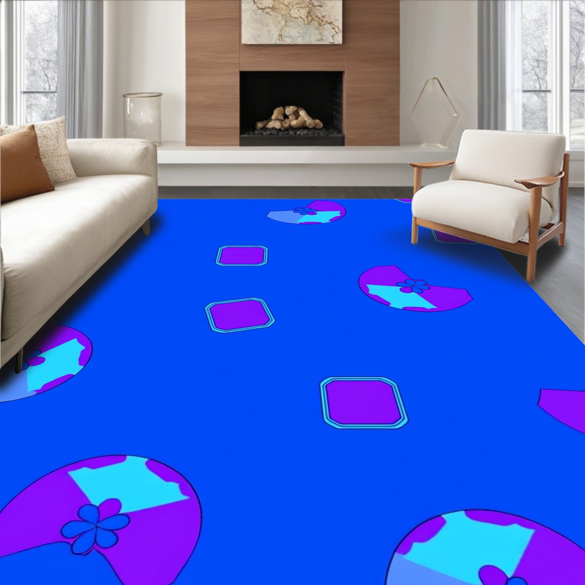 Purple Blue Floral Square Pattern Rug