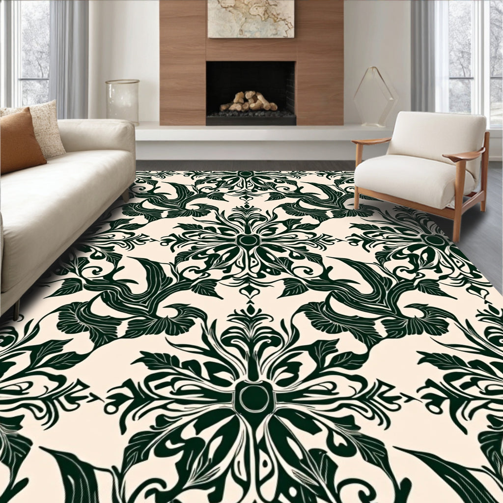 Dark Green Floral Damask Pattern Rug