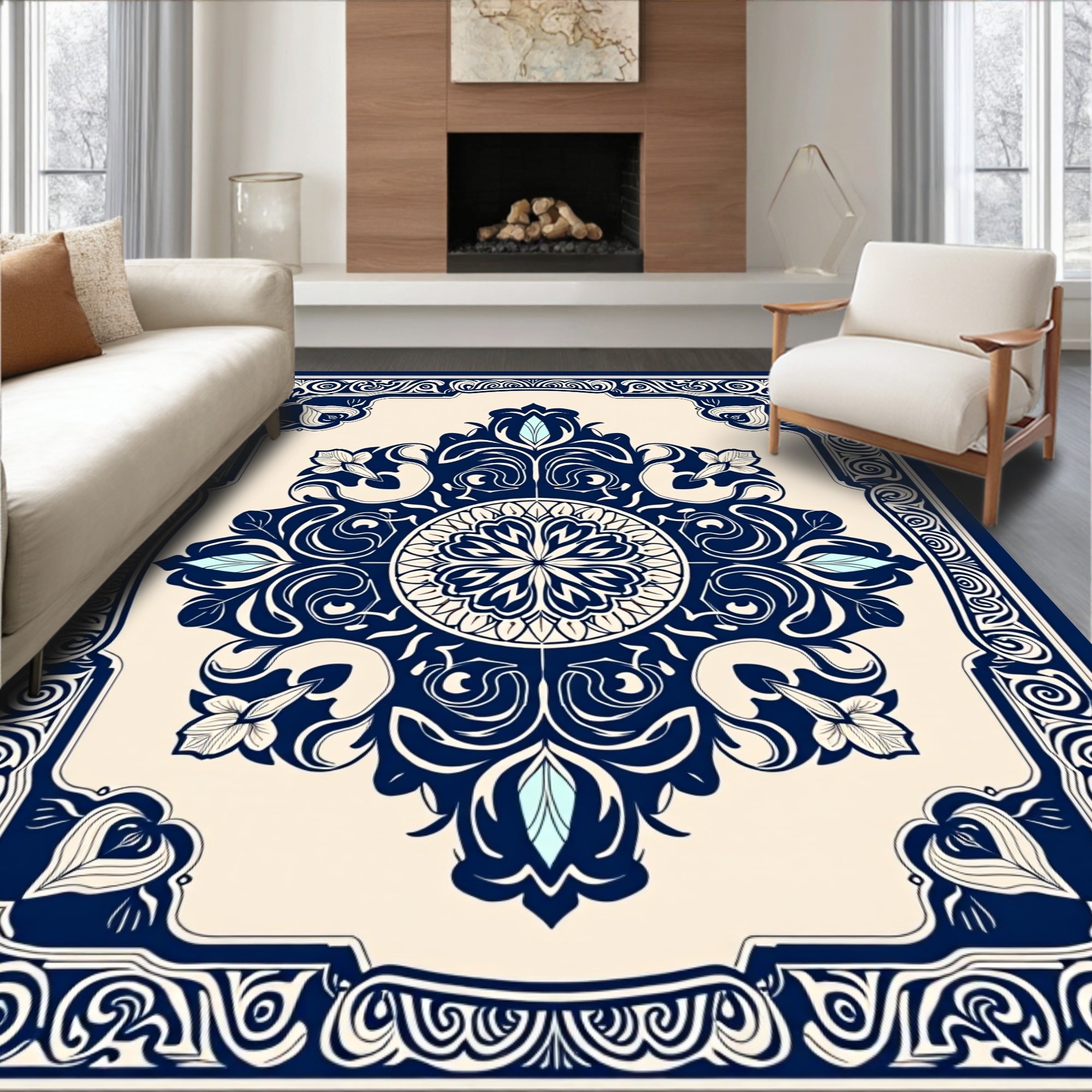 Classic Navy Floral Medallion Scroll Rug