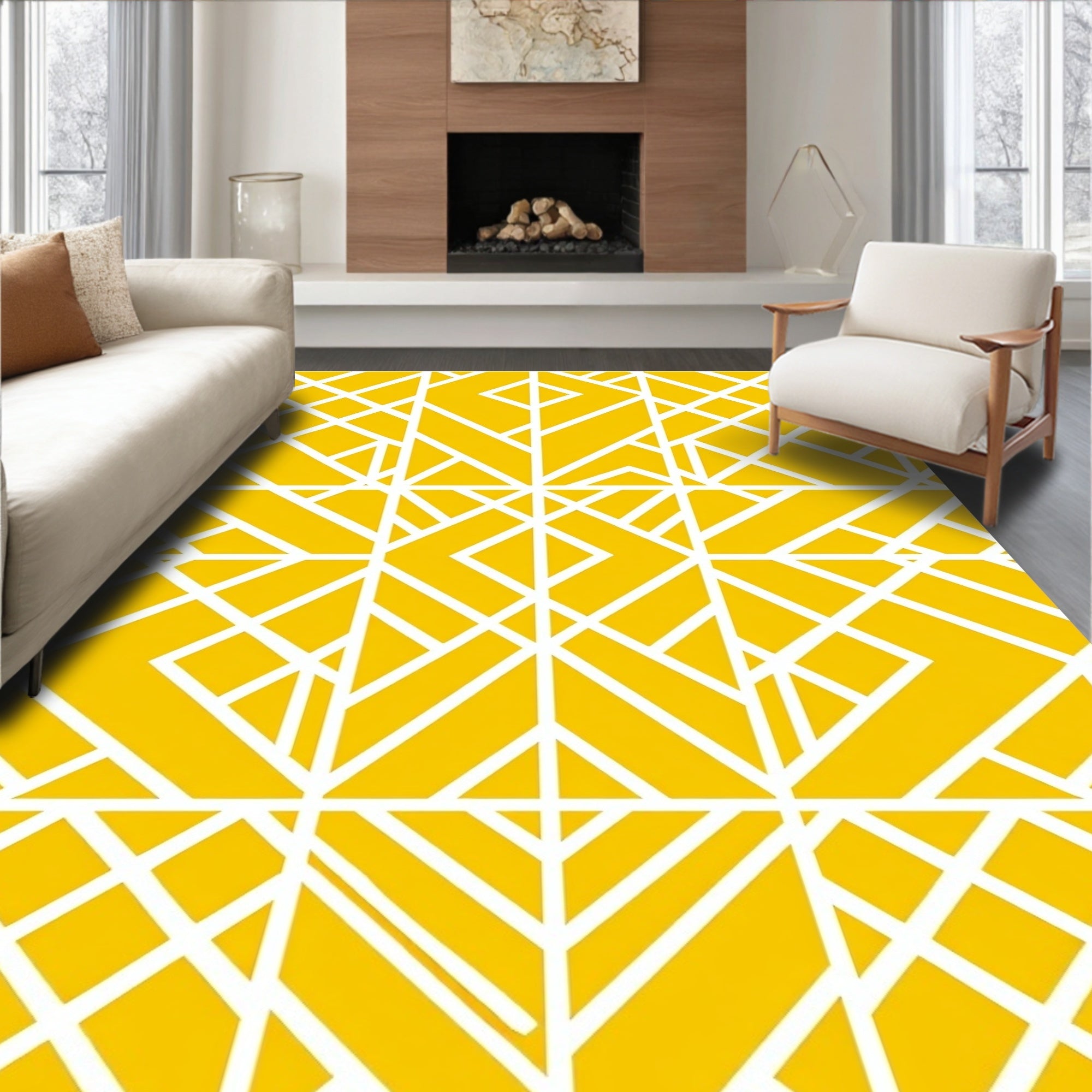 Yellow White Geometric Art Deco Pattern Rug