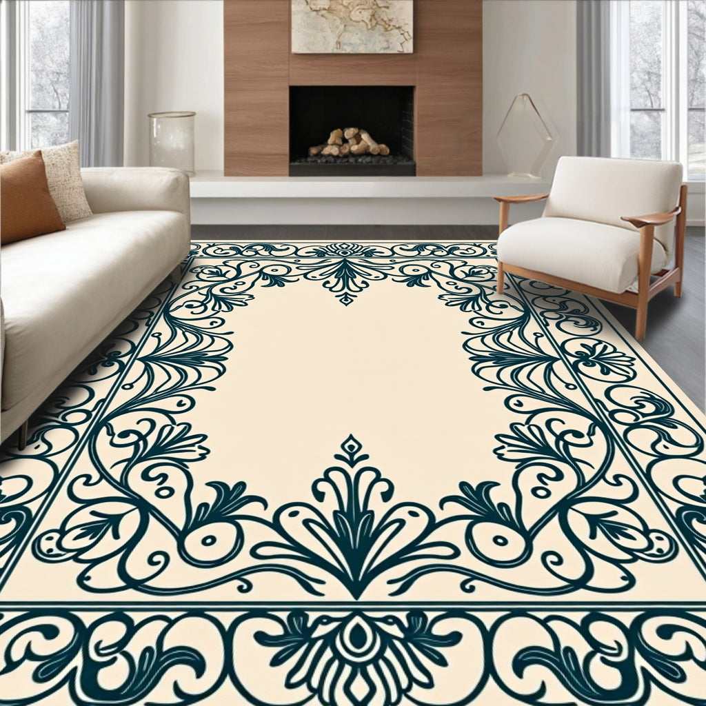 Ornate Dark Teal Scrollwork Floral Border Rug