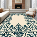 Ornate Dark Teal Scrollwork Floral Border Rug