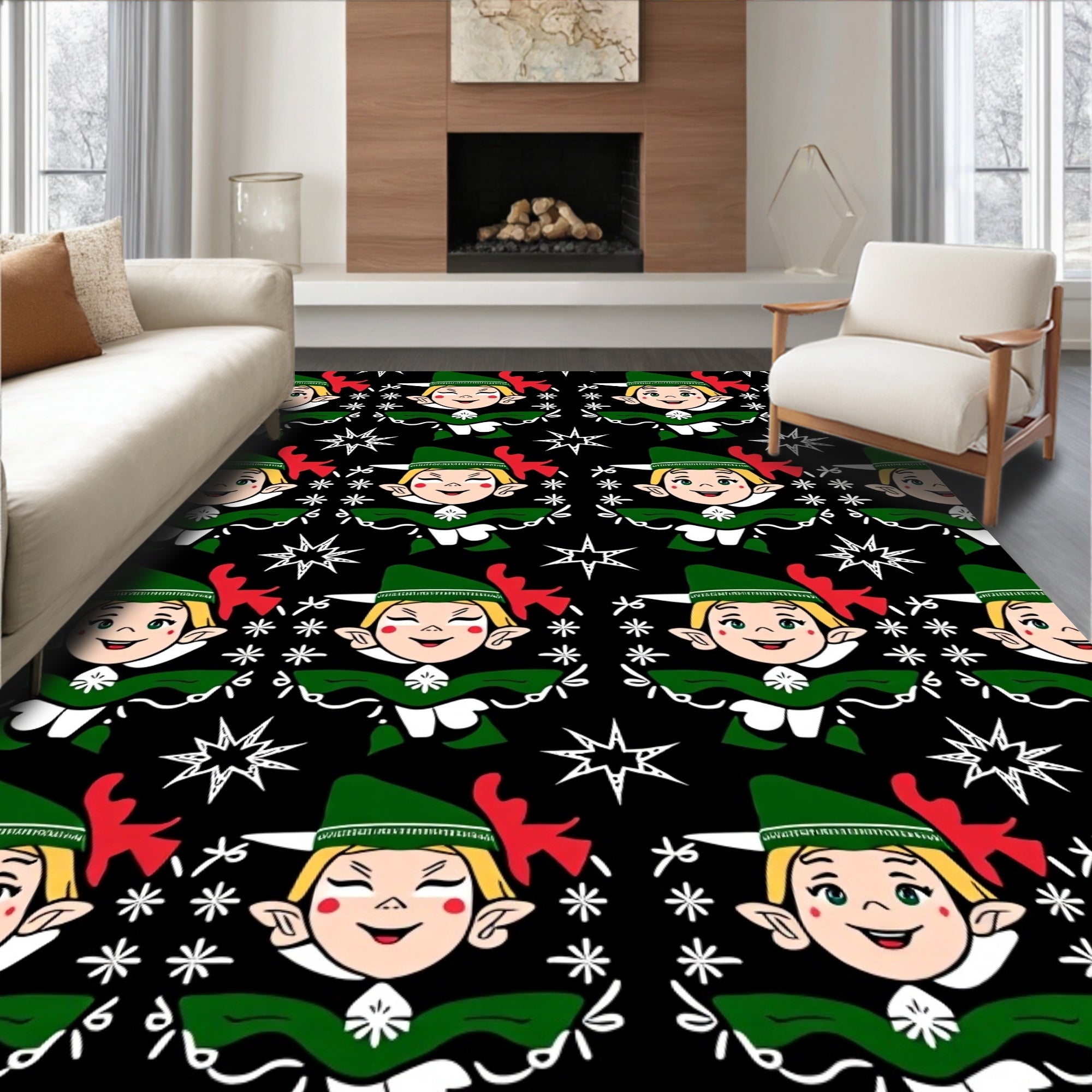 Whimsical Elf Christmas Starry Night Rug