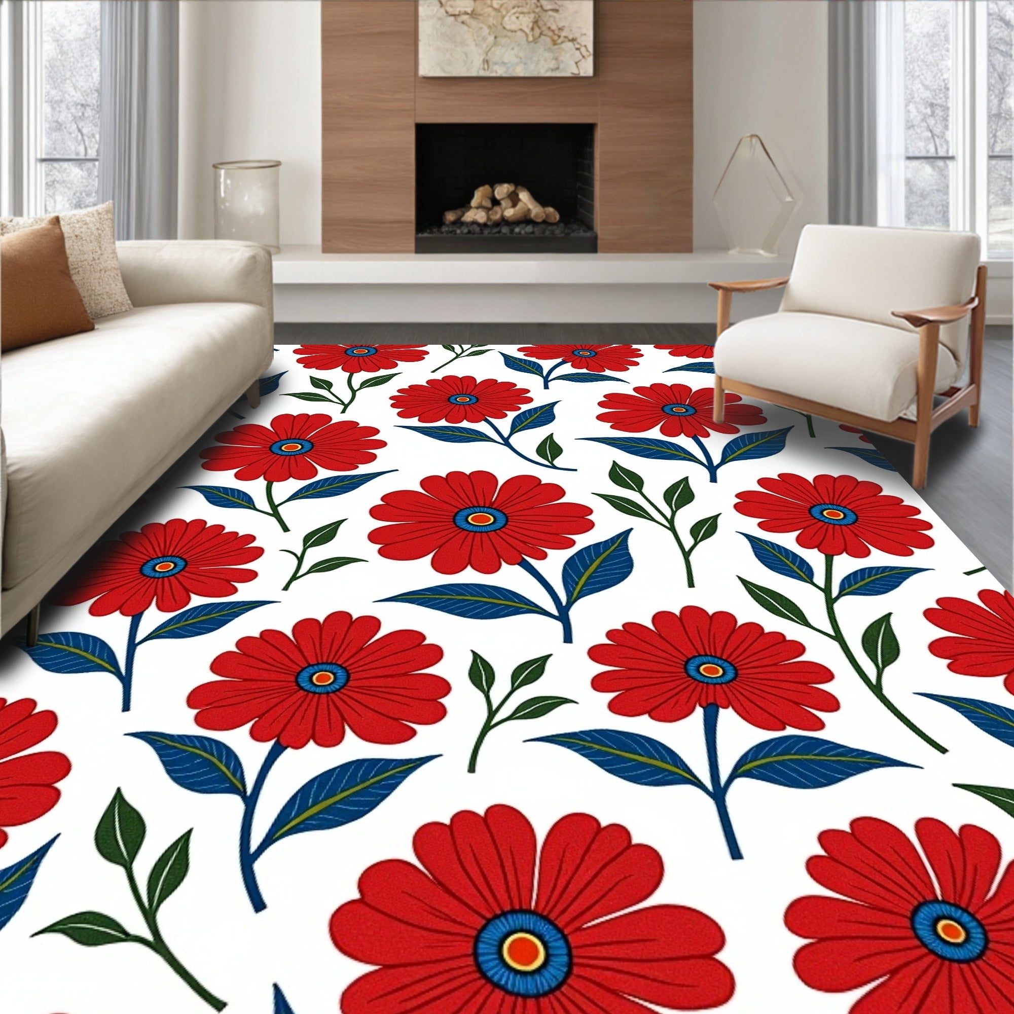 Bold Red Floral Pattern Rug