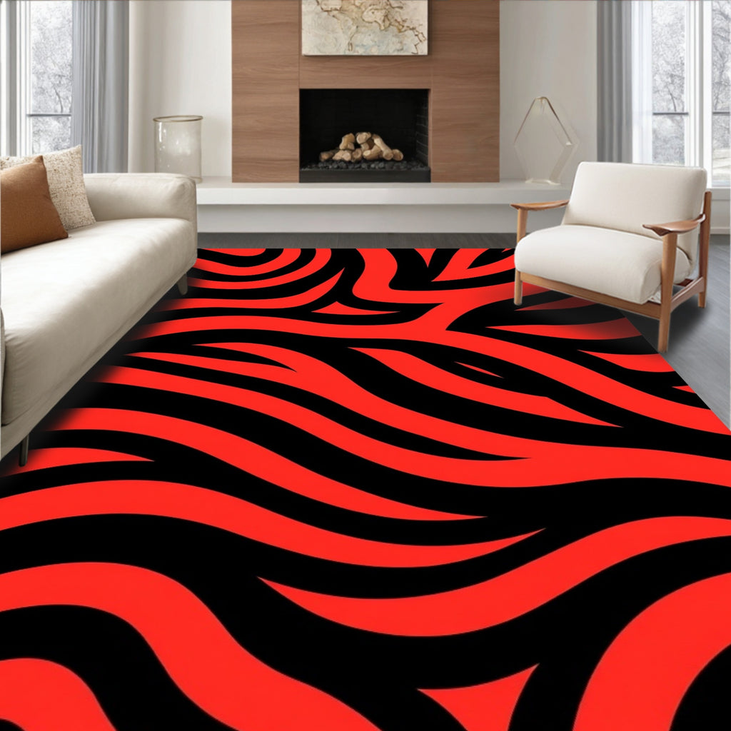 Bold Red Black Wavy Pattern Rug