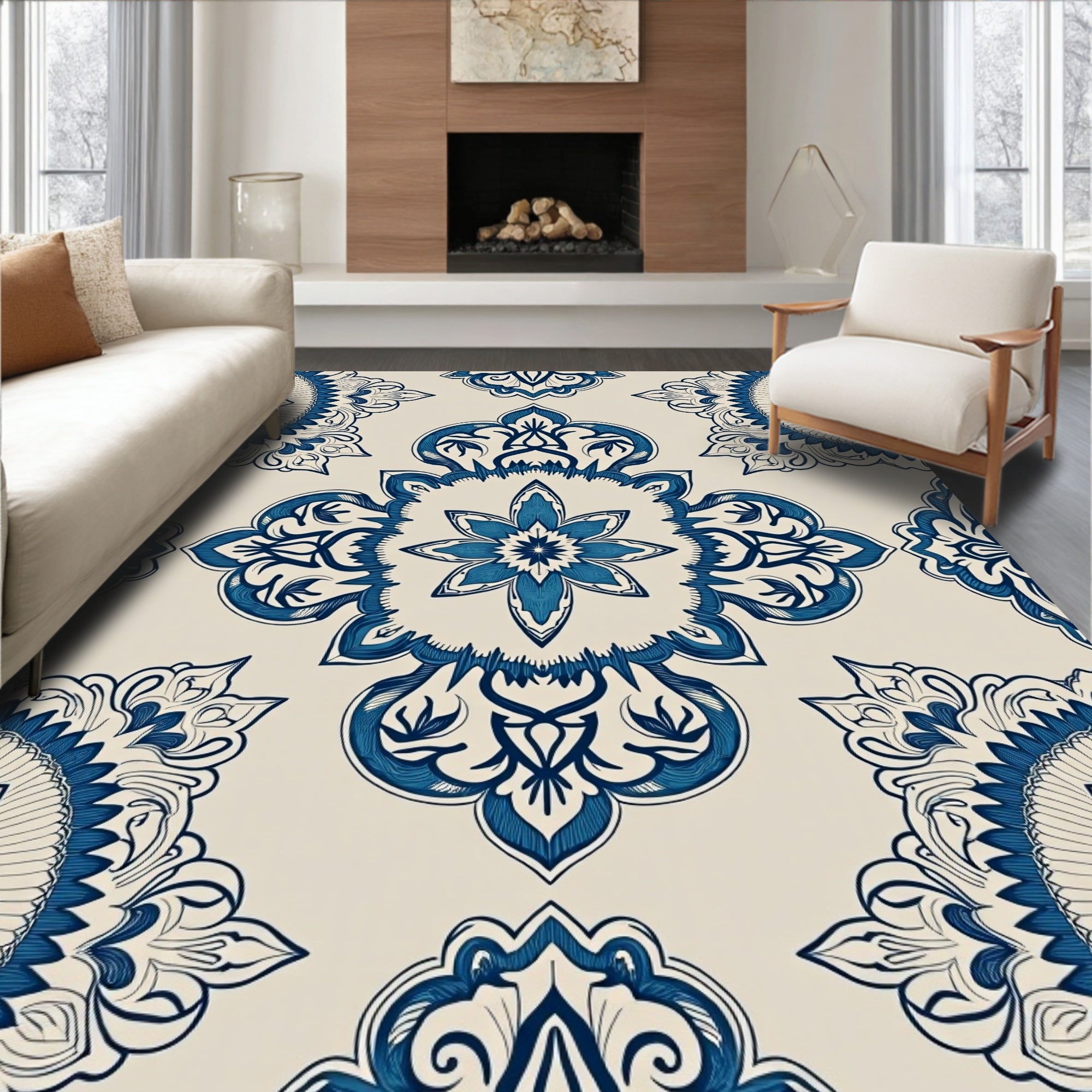 Intricate Blue Floral medallion Pattern Rug