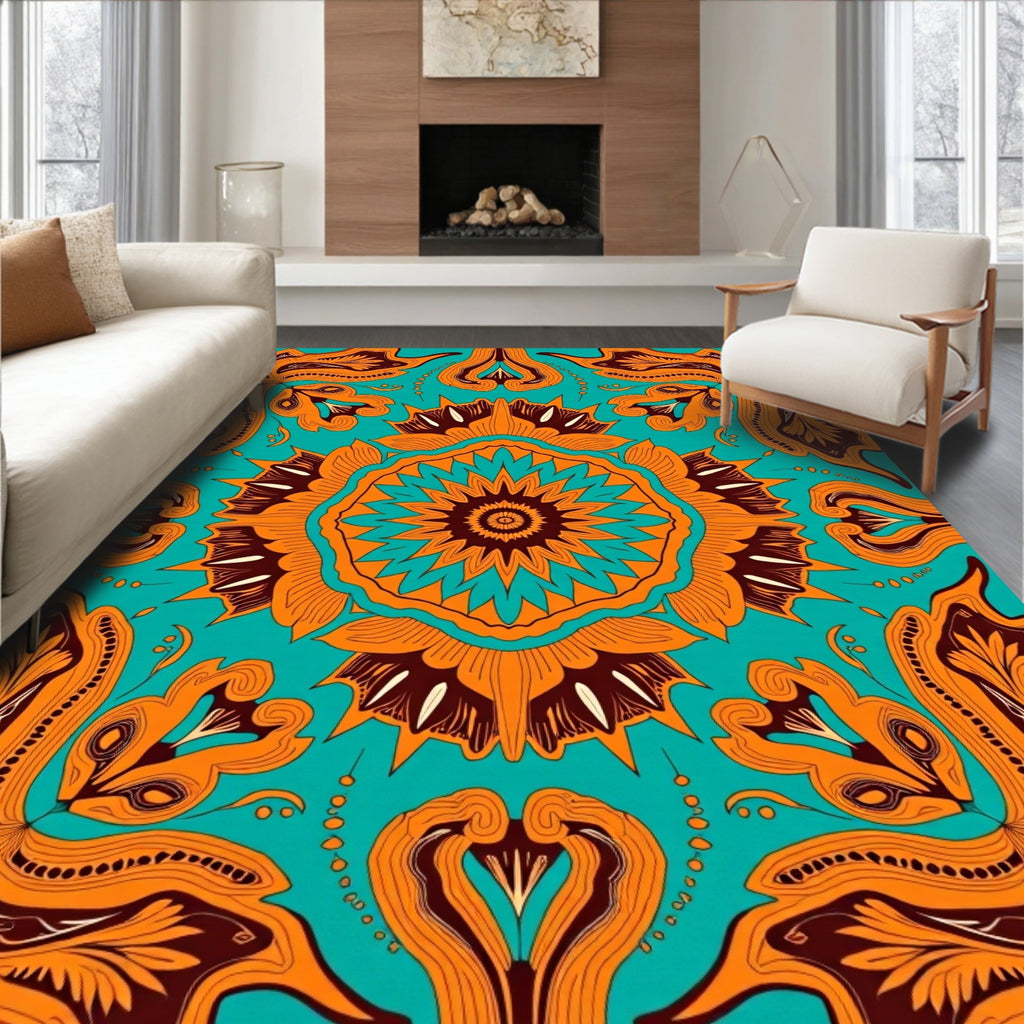 Vibrant Orange Teal Mandala Art Rug